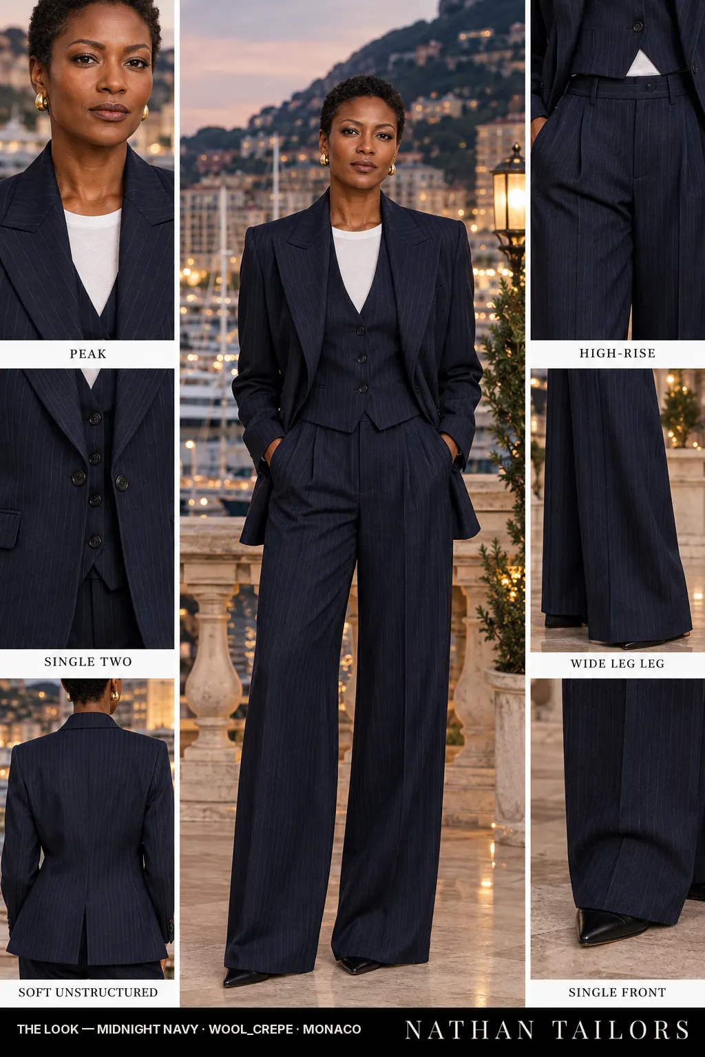 soft unstructured pinstripe women's pant suit in midnight navy — AI-rendered by Nathan Tailors, made to measure for women and shipped worldwide.