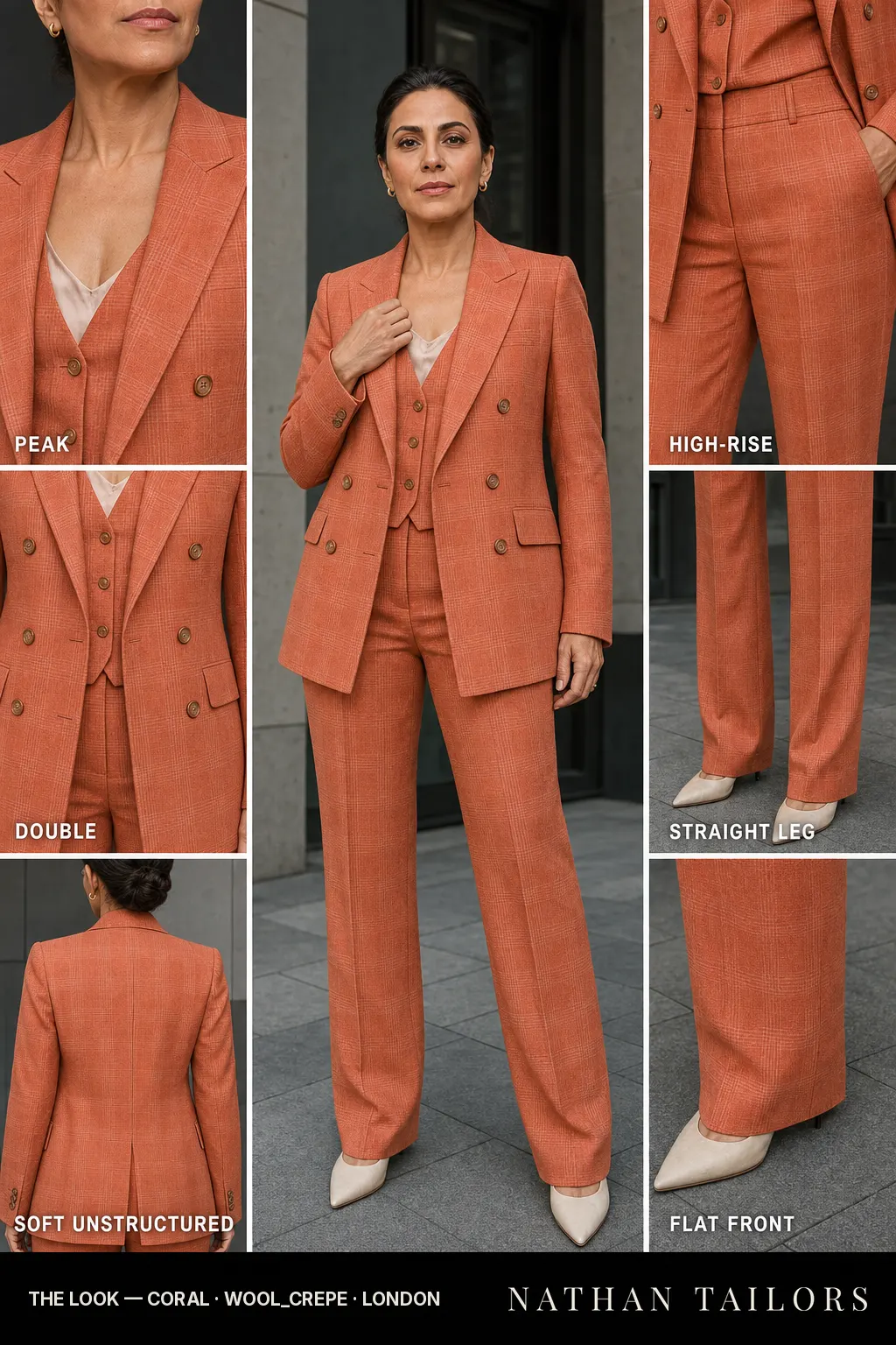 soft unstructured check plaid women's pant suit in coral — AI-rendered by Nathan Tailors, made to measure for women and shipped worldwide.