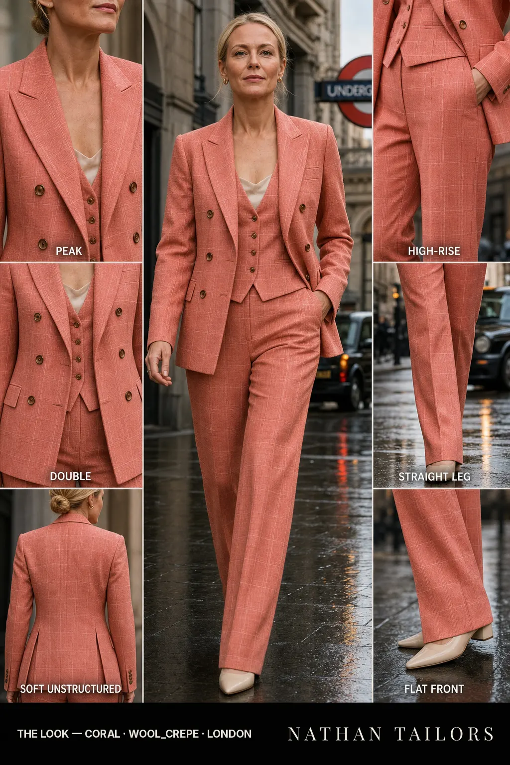 Women's suit in coral check_plaid — custom tailored by Nathan Tailors, shipped worldwide