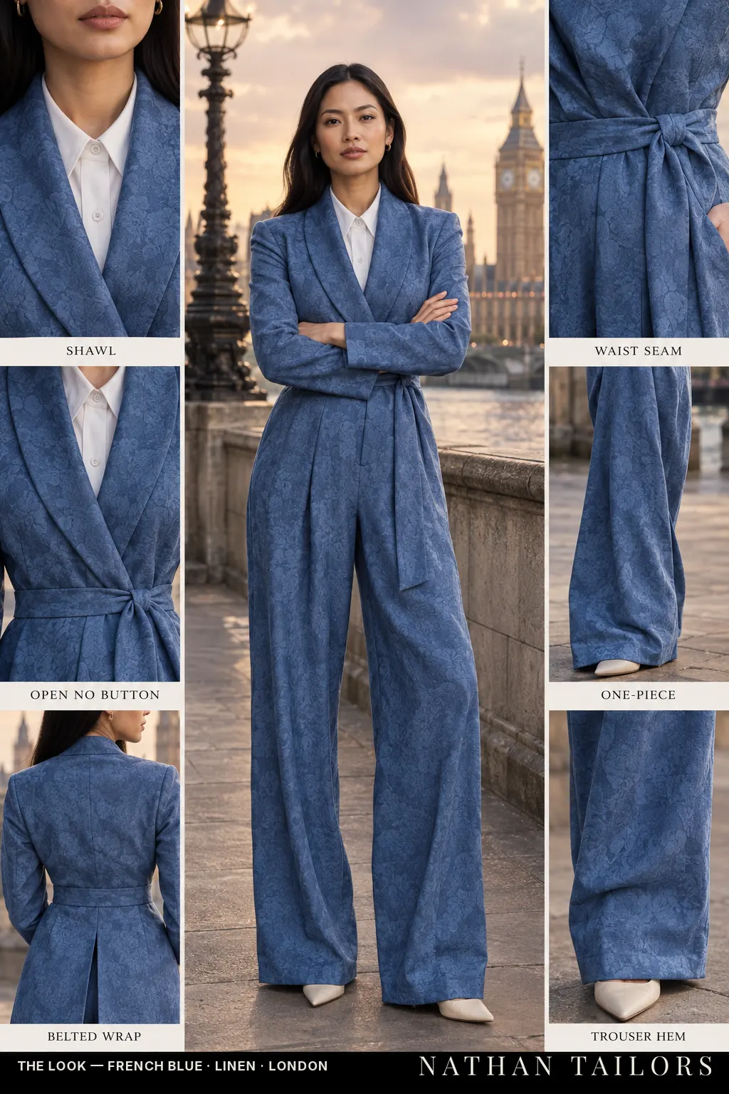 Women's suit in french blue floral_jacquard — custom tailored by Nathan Tailors, shipped worldwide