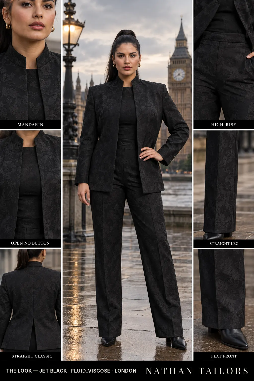 straight classic floral jacquard women's pant suit in jet black — AI-rendered by Nathan Tailors, made to measure for women and shipped worldwide.