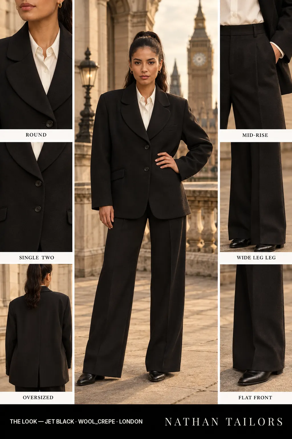 oversized women's pant suit in jet black — AI-rendered by Nathan Tailors, made to measure for women and shipped worldwide.