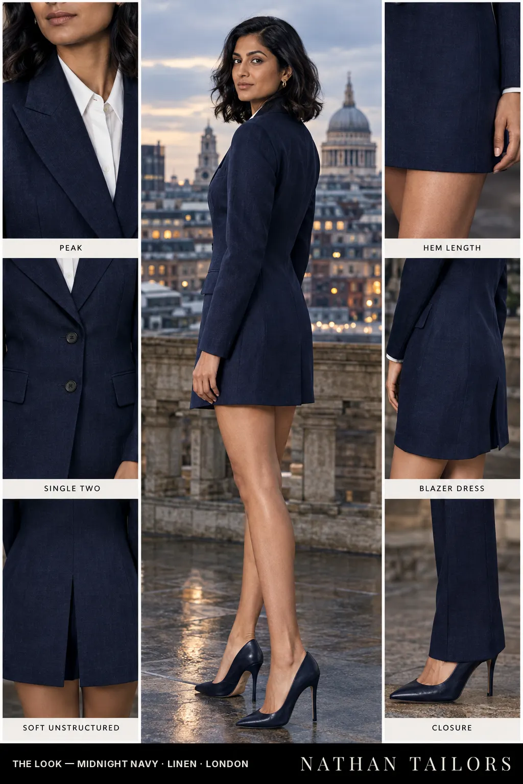 Women's suit in midnight navy — custom tailored by Nathan Tailors, shipped worldwide