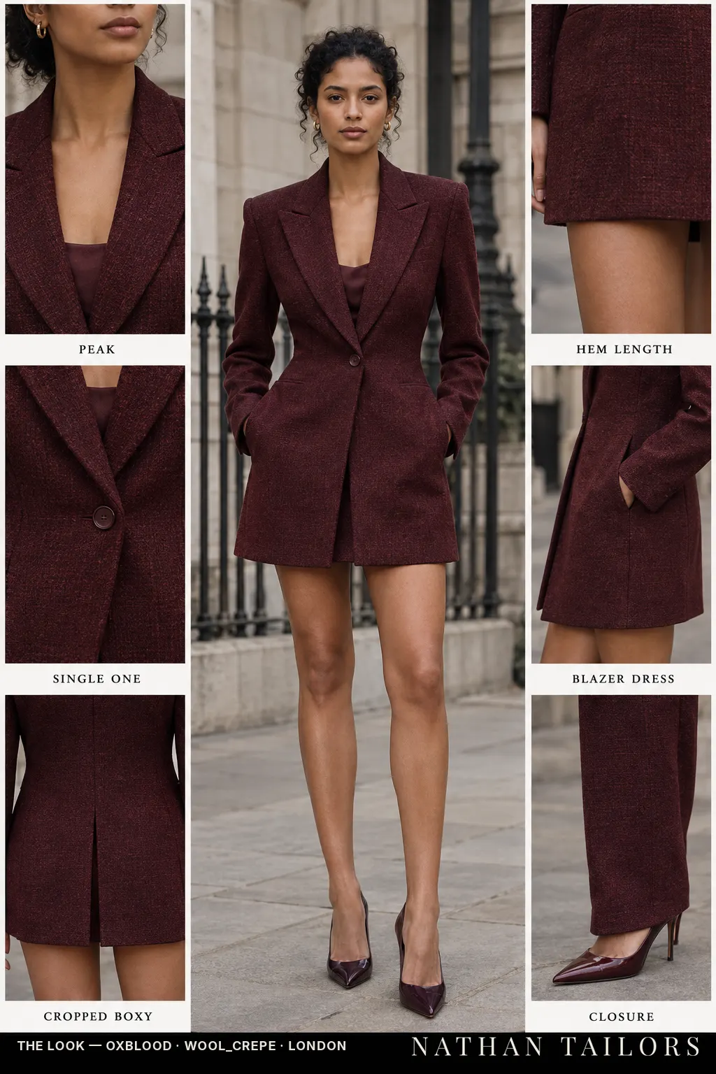 cropped boxy tweed texture women's blazer dress in oxblood — AI-rendered by Nathan Tailors, made to measure for women and shipped worldwide.