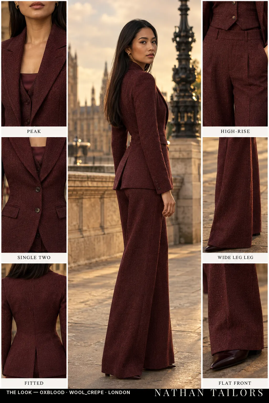 Women's suit in oxblood tweed_texture — custom tailored by Nathan Tailors, shipped worldwide