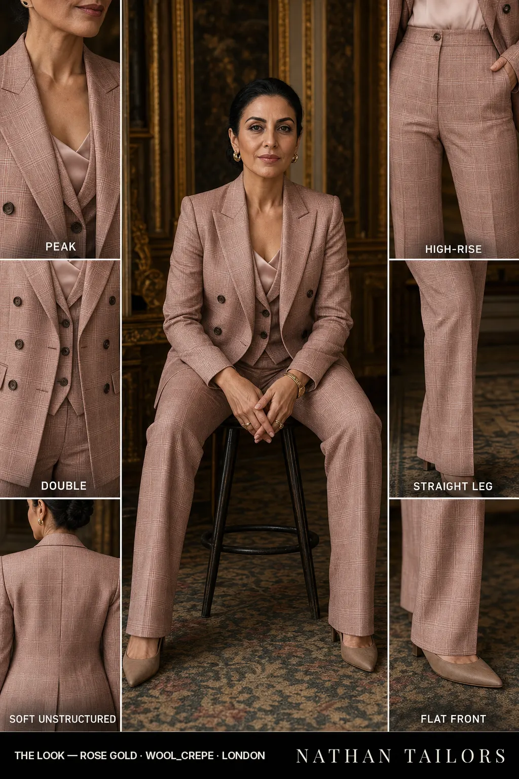 Women's suit in rose gold check_plaid — custom tailored by Nathan Tailors, shipped worldwide