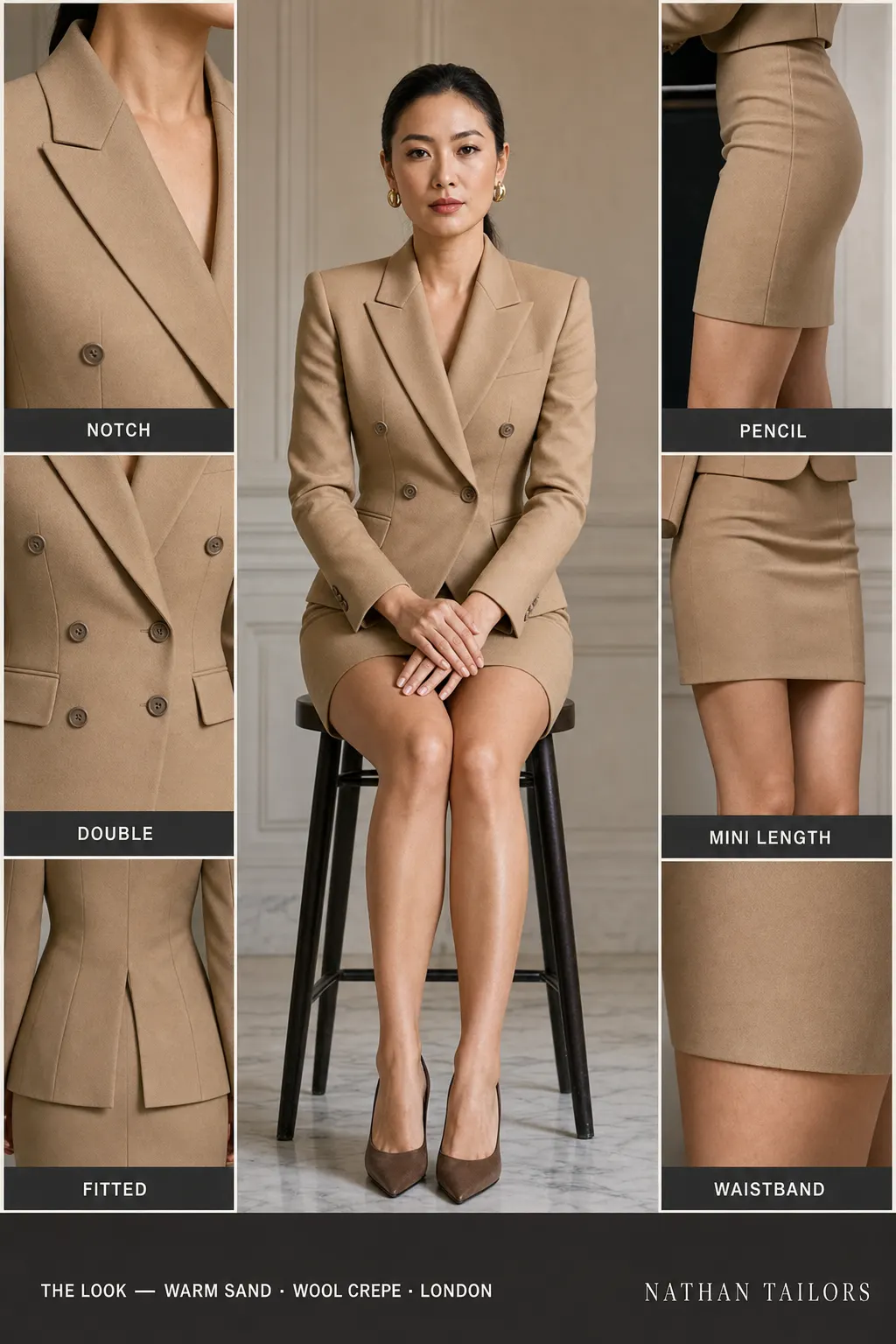 fitted women's skirt suit in warm sand — AI-rendered by Nathan Tailors, made to measure for women and shipped worldwide.