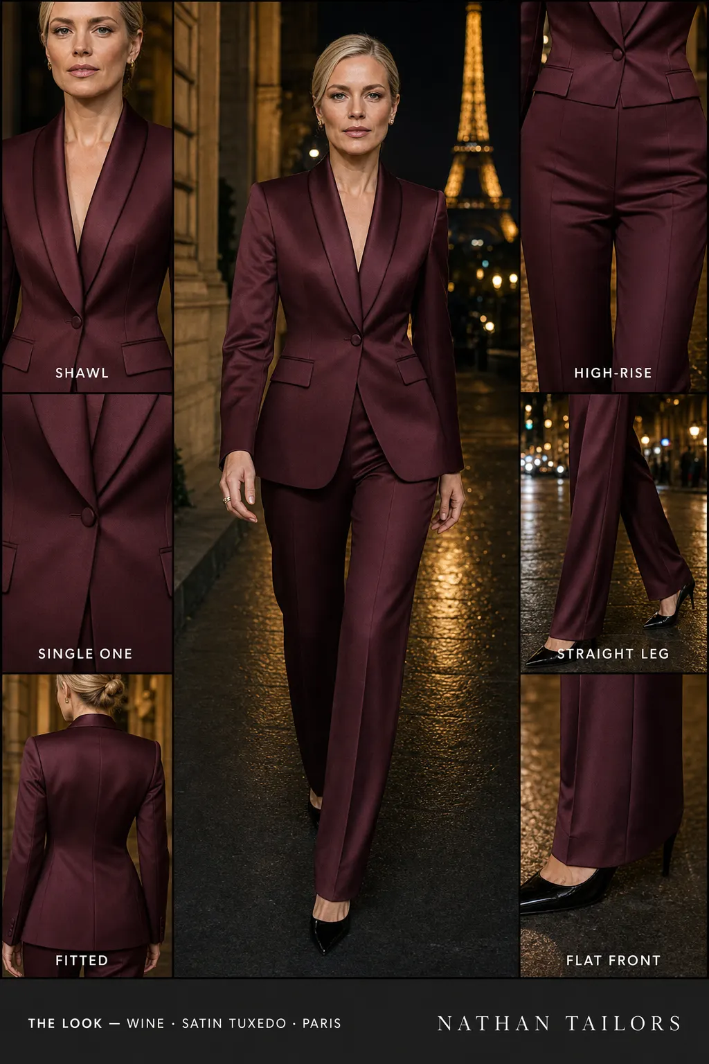 fitted women's pant suit in wine — AI-rendered by Nathan Tailors, made to measure for women and shipped worldwide.