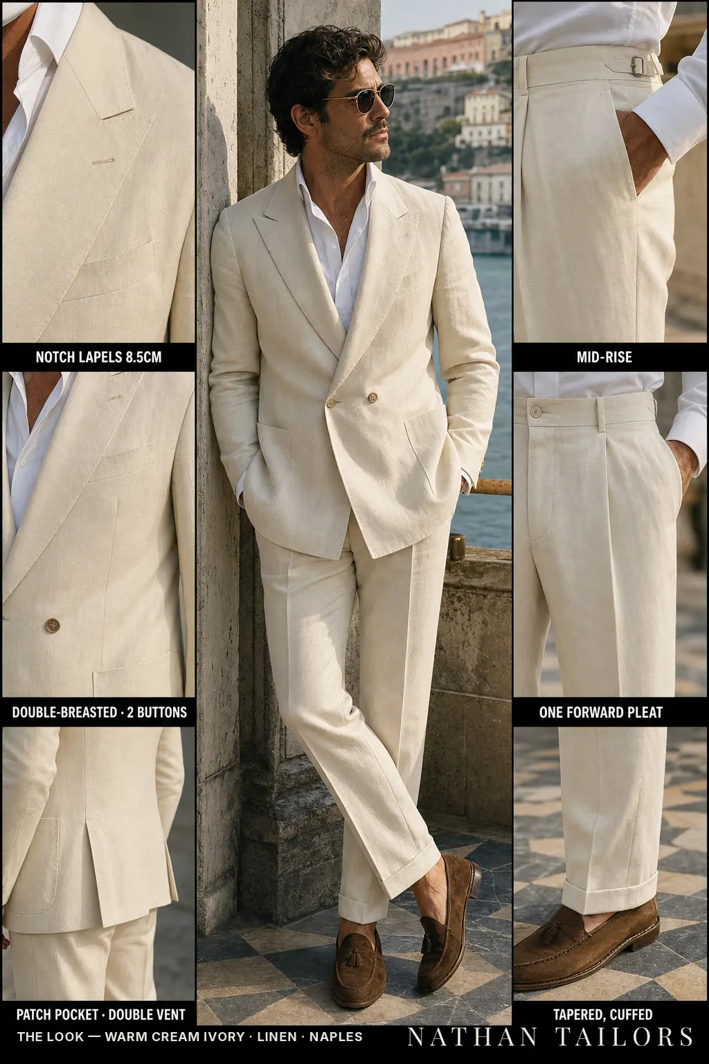 warm cream ivory double-breasted bespoke suit — custom tailored by Nathan Tailors, the Hoi An custom tailor