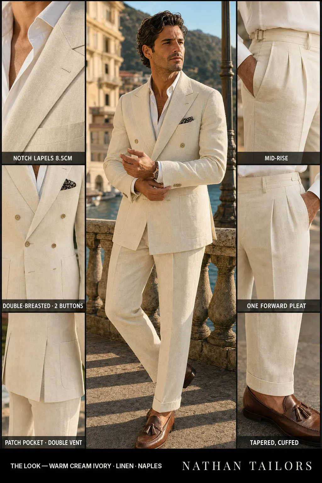 warm cream ivory double-breasted bespoke suit — custom tailored by Nathan Tailors, the Hoi An custom tailor