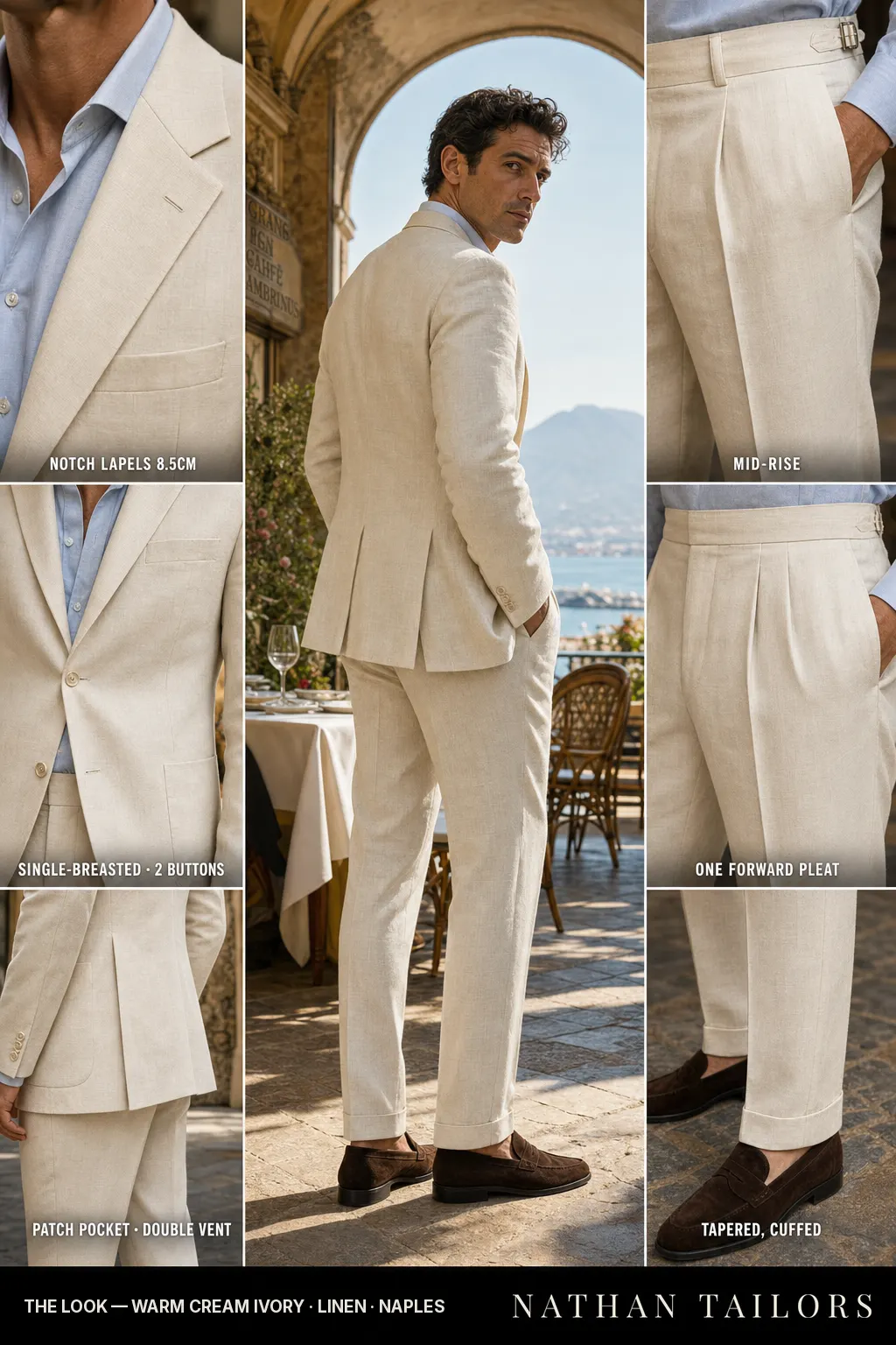 warm cream ivory single-breasted notch-lapel bespoke suit — AI-rendered by Nathan Tailors, the Hoi An custom tailor. Available as a custom tailored suit from $149.