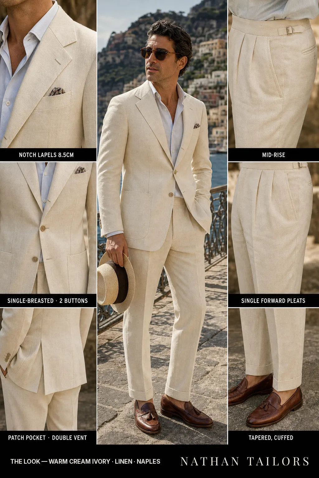 warm cream ivory single-breasted notch-lapel bespoke suit โ AI-rendered by Nathan Tailors, the Hoi An custom tailor. Available as a custom tailored suit from $149.