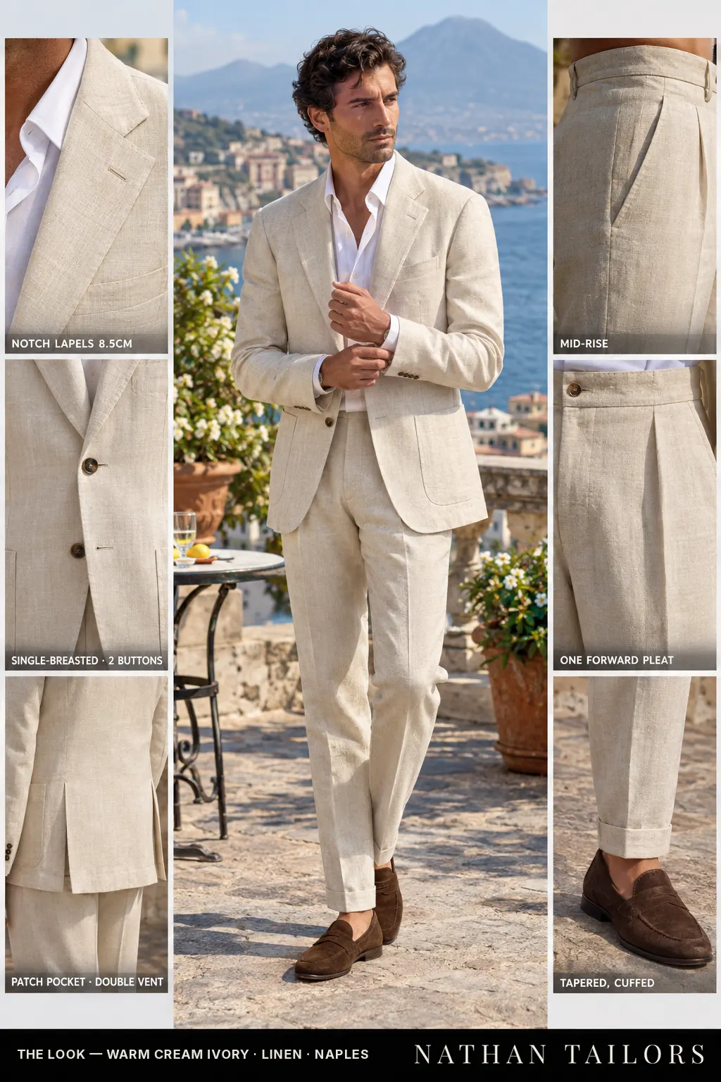 warm cream ivory single-breasted bespoke suit โ custom tailored by Nathan Tailors, the Hoi An custom tailor