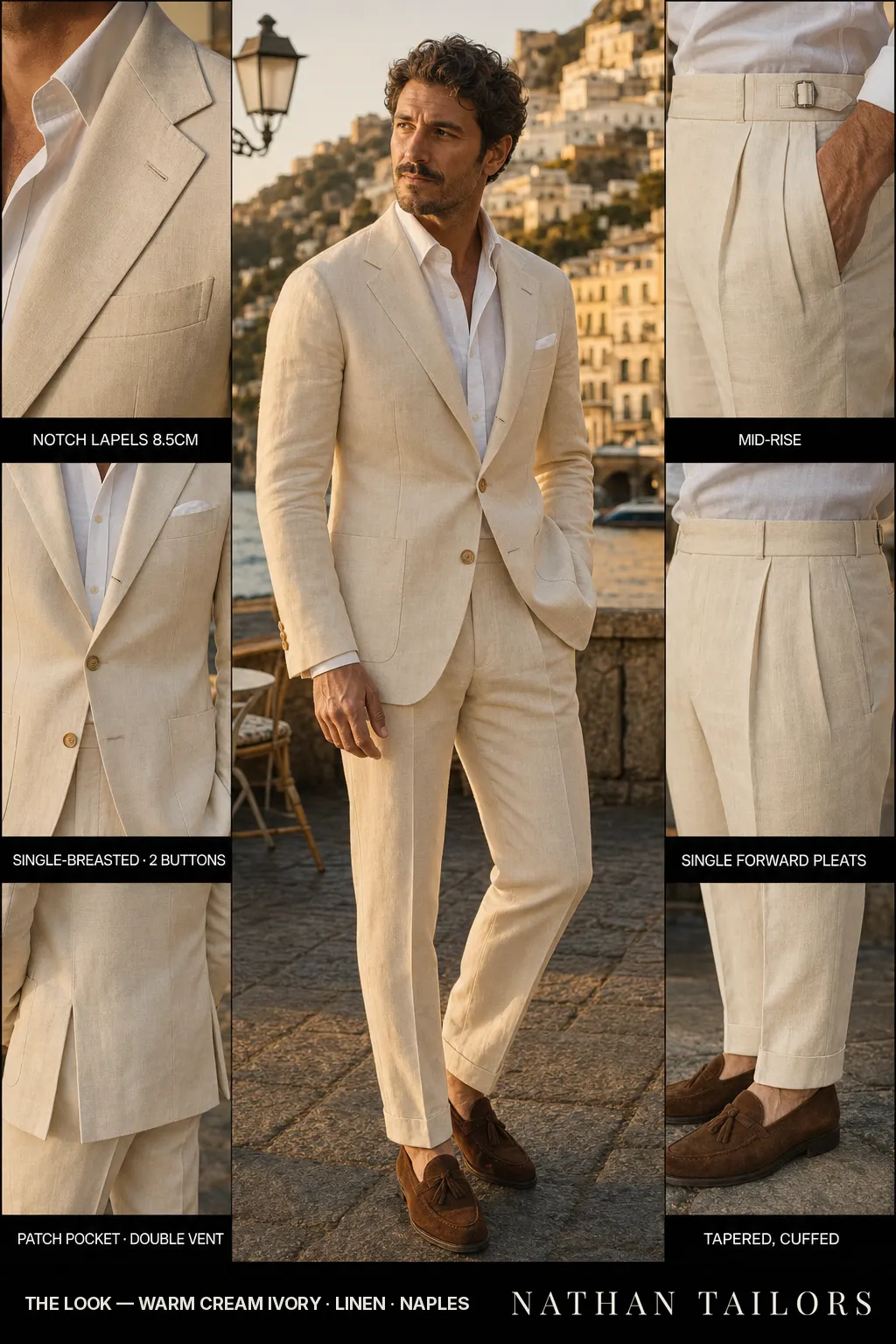 warm cream ivory single-breasted notch-lapel bespoke suit — AI-rendered by Nathan Tailors, the Hoi An custom tailor. Available as a custom tailored suit from $149.
