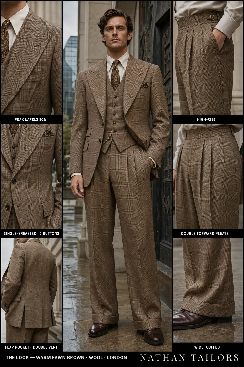 warm fawn brown glen plaid single-breasted peak-lapel bespoke suit โ AI-rendered by Nathan Tailors, the Hoi An custom tailor. Available as a custom tailored suit from $149.