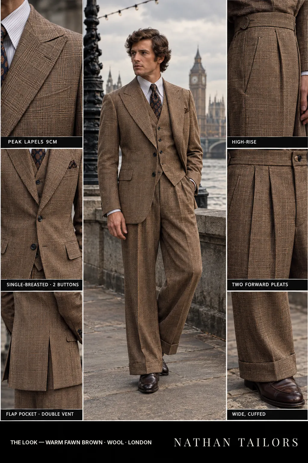 warm fawn brown glen_plaid single-breasted bespoke suit โ custom tailored by Nathan Tailors, the Hoi An custom tailor