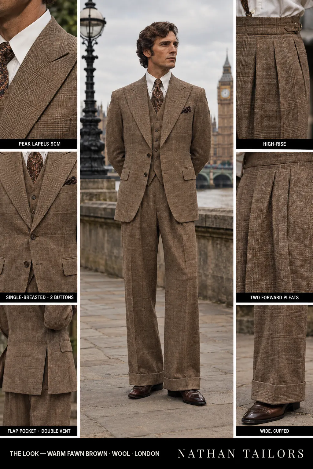 warm fawn brown glen_plaid single-breasted bespoke suit — custom tailored by Nathan Tailors, the Hoi An custom tailor