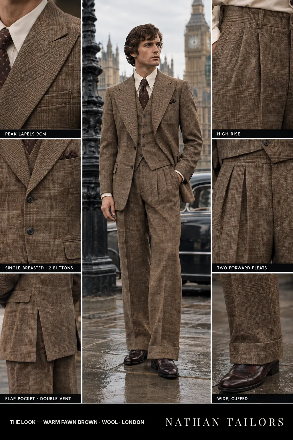 warm fawn brown glen plaid single-breasted peak-lapel bespoke suit — AI-rendered by Nathan Tailors, the Hoi An custom tailor. Available as a custom tailored suit from $169.