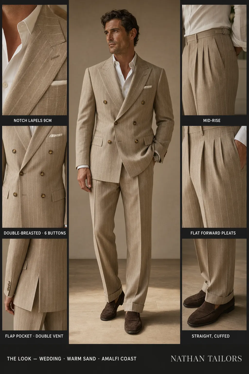 warm sand chalk stripe double-breasted notch-lapel bespoke suit โ AI-rendered by Nathan Tailors, the Hoi An custom tailor. Available as a custom tailored suit from $149.