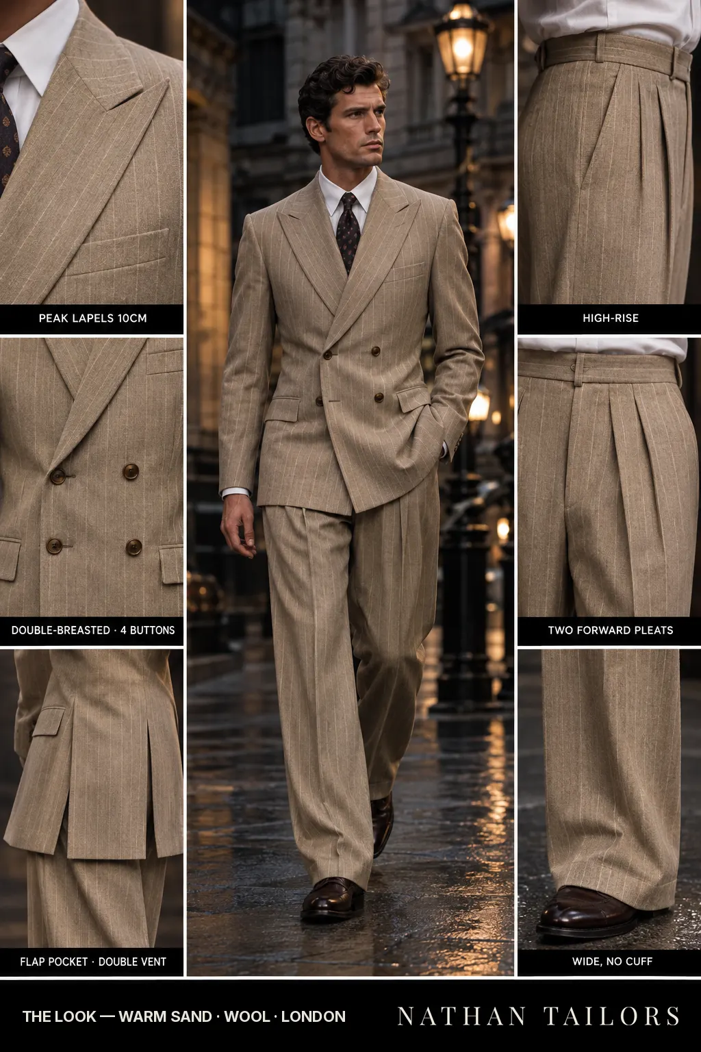 warm sand chalk stripe double-breasted peak-lapel bespoke suit — AI-rendered by Nathan Tailors, the Hoi An custom tailor. Available as a custom tailored suit from $169.