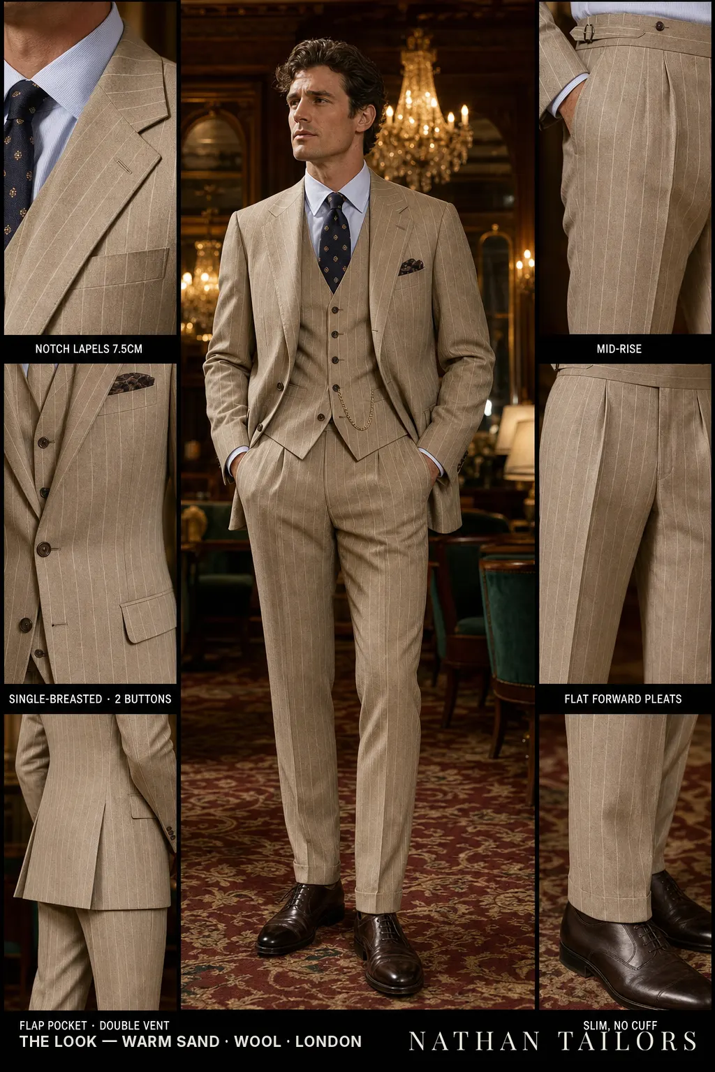 warm sand chalk stripe single-breasted notch-lapel bespoke suit — AI-rendered by Nathan Tailors, the Hoi An custom tailor. Available as a custom tailored suit from $149.