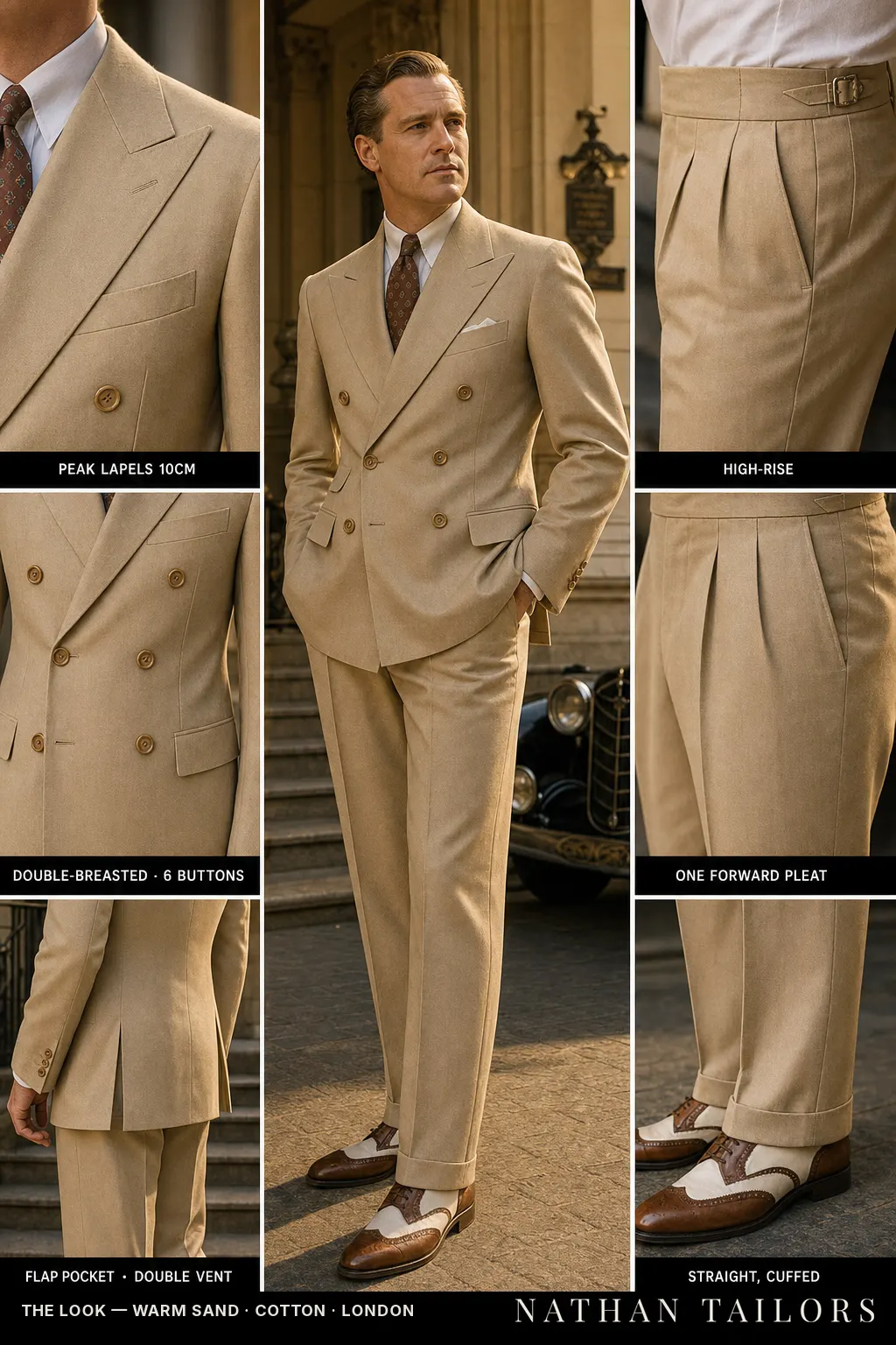 warm sand double-breasted peak-lapel bespoke suit — AI-rendered by Nathan Tailors, the Hoi An custom tailor. Available as a custom tailored suit from $149.