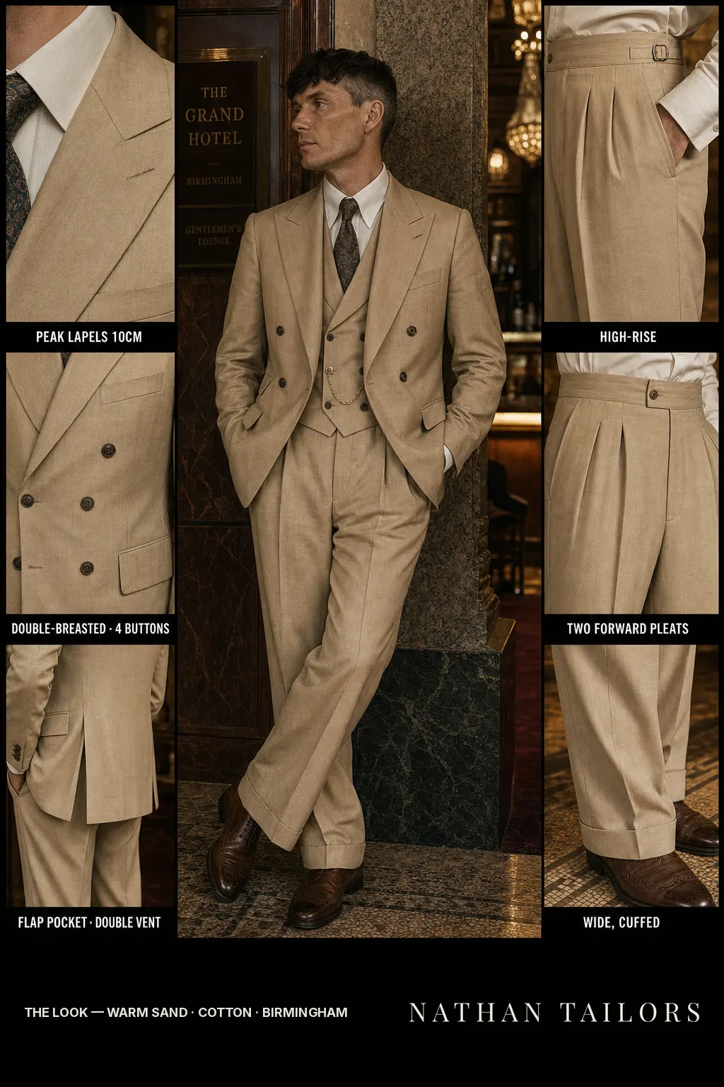 warm sand double-breasted bespoke suit โ custom tailored by Nathan Tailors, the Hoi An custom tailor