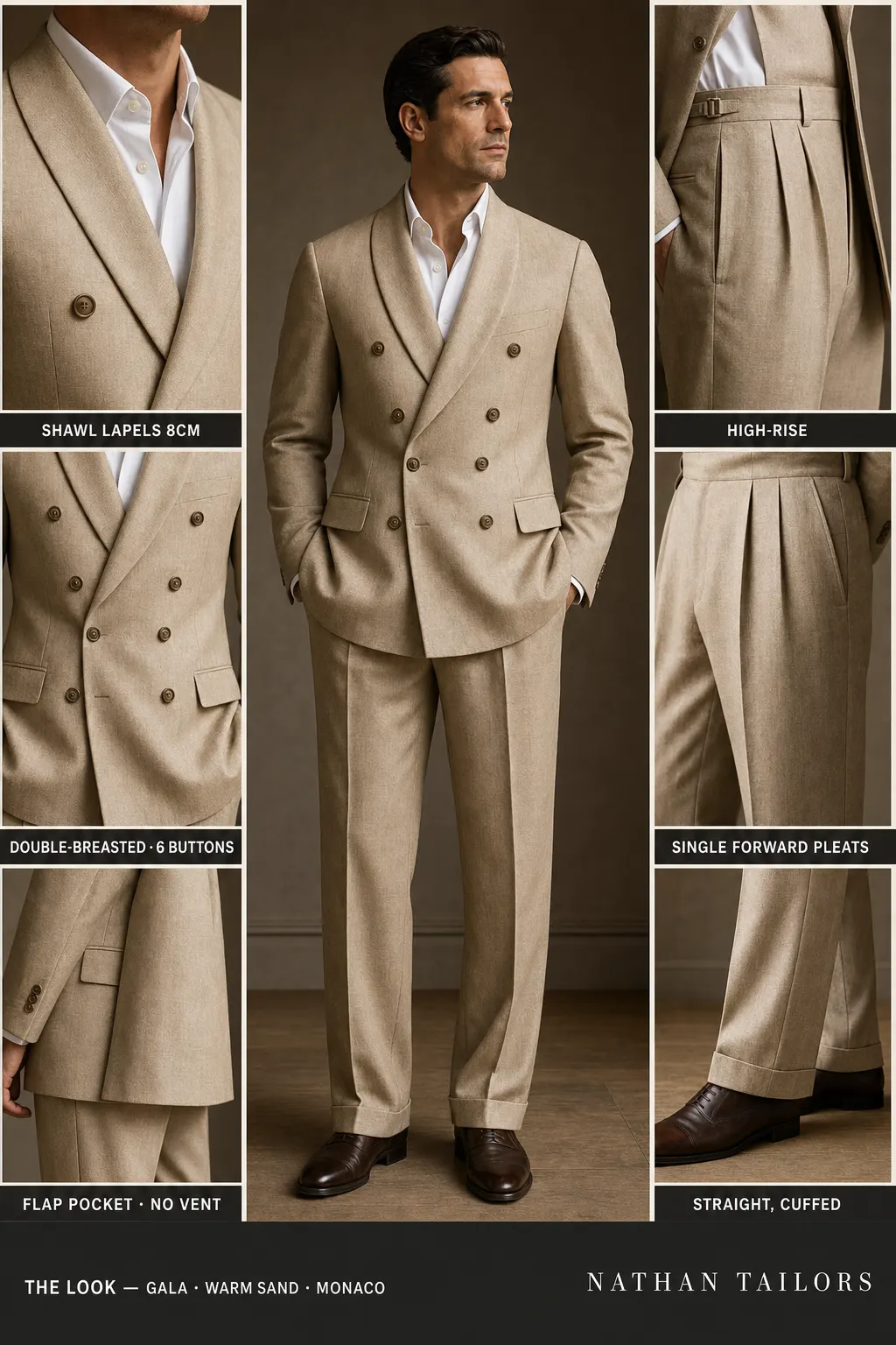 warm sand double-breasted shawl-lapel bespoke suit โ AI-rendered by Nathan Tailors, the Hoi An custom tailor. Available as a custom tailored suit from $149.