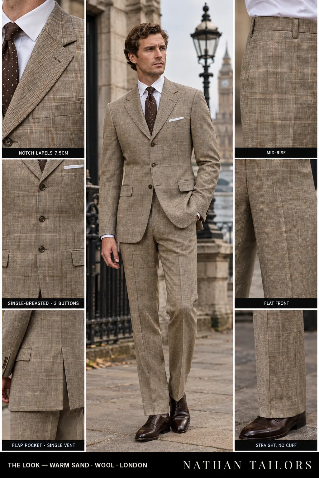 warm sand glen_plaid single-breasted bespoke suit — custom tailored by Nathan Tailors, the Hoi An custom tailor
