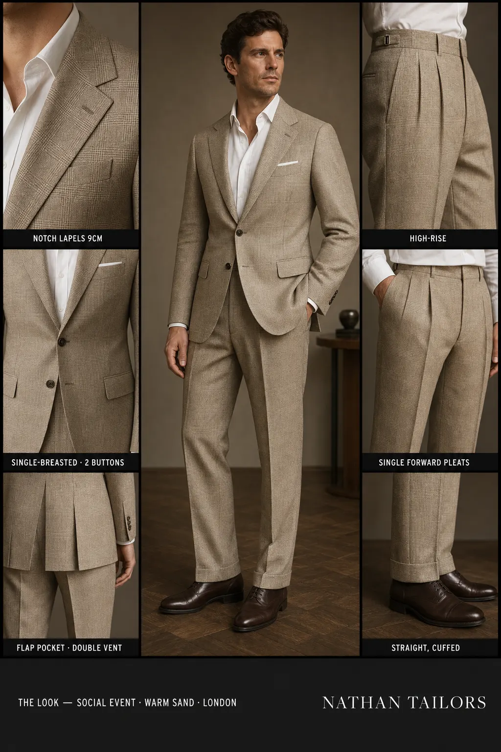 warm sand glen plaid single-breasted notch-lapel bespoke suit — AI-rendered by Nathan Tailors, the Hoi An custom tailor. Available as a custom tailored suit from $149.