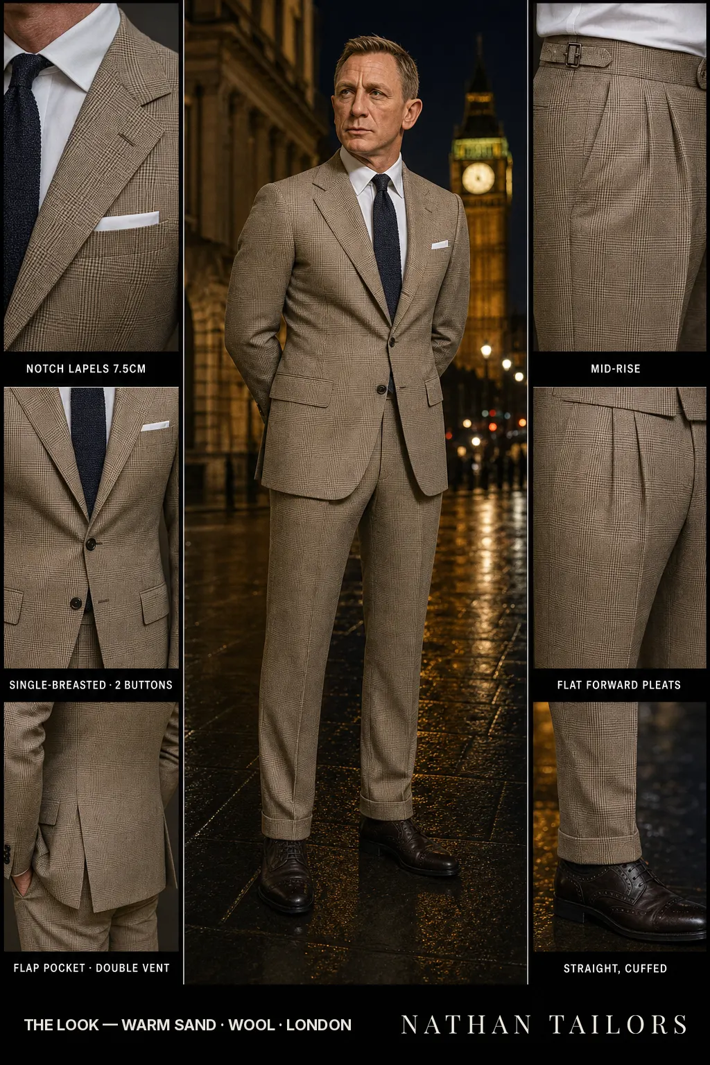 warm sand glen plaid single-breasted notch-lapel bespoke suit — AI-rendered by Nathan Tailors, the Hoi An custom tailor. Available as a custom tailored suit from $149.