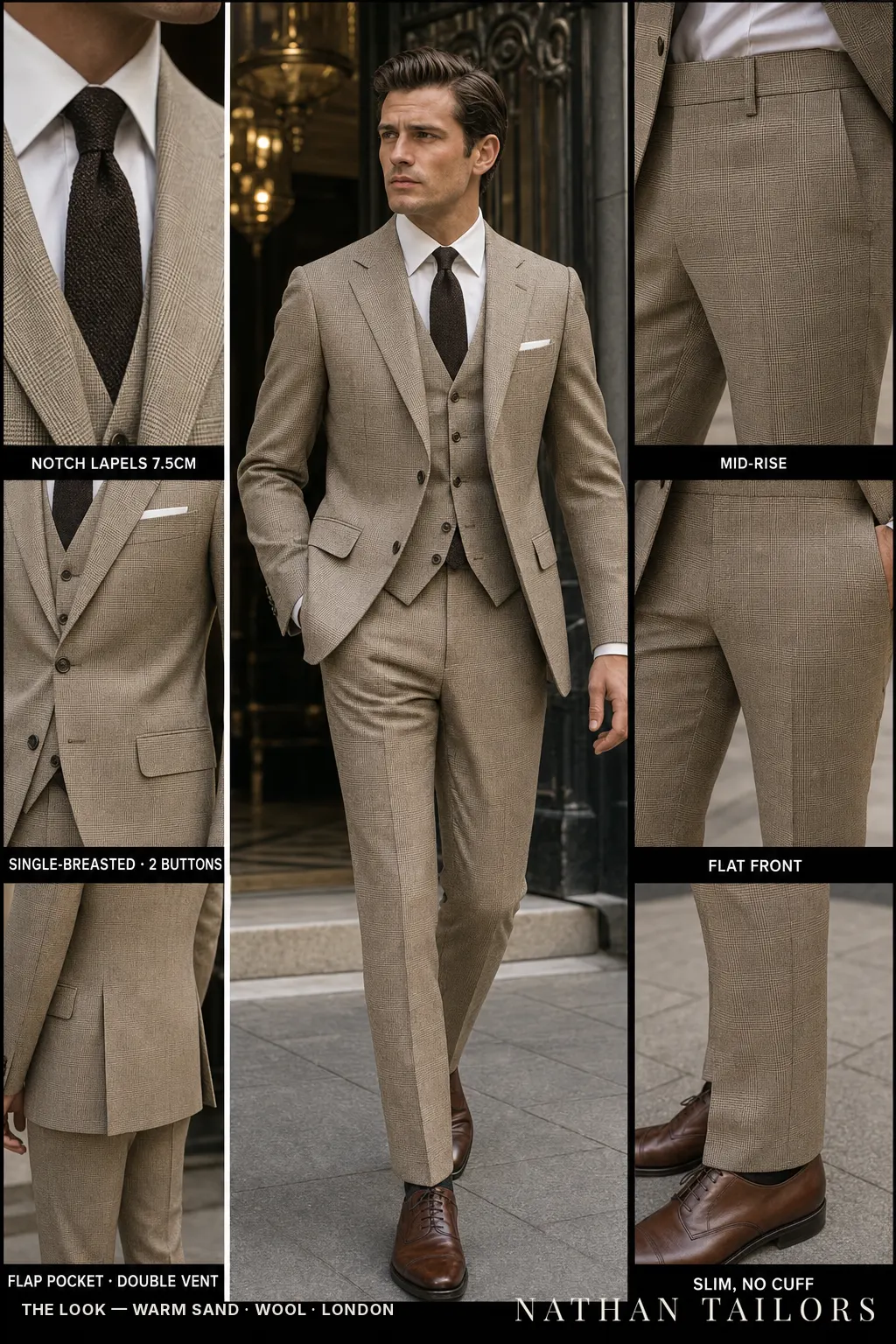 warm sand glen plaid single-breasted notch-lapel bespoke suit โ AI-rendered by Nathan Tailors, the Hoi An custom tailor. Available as a custom tailored suit from $149.