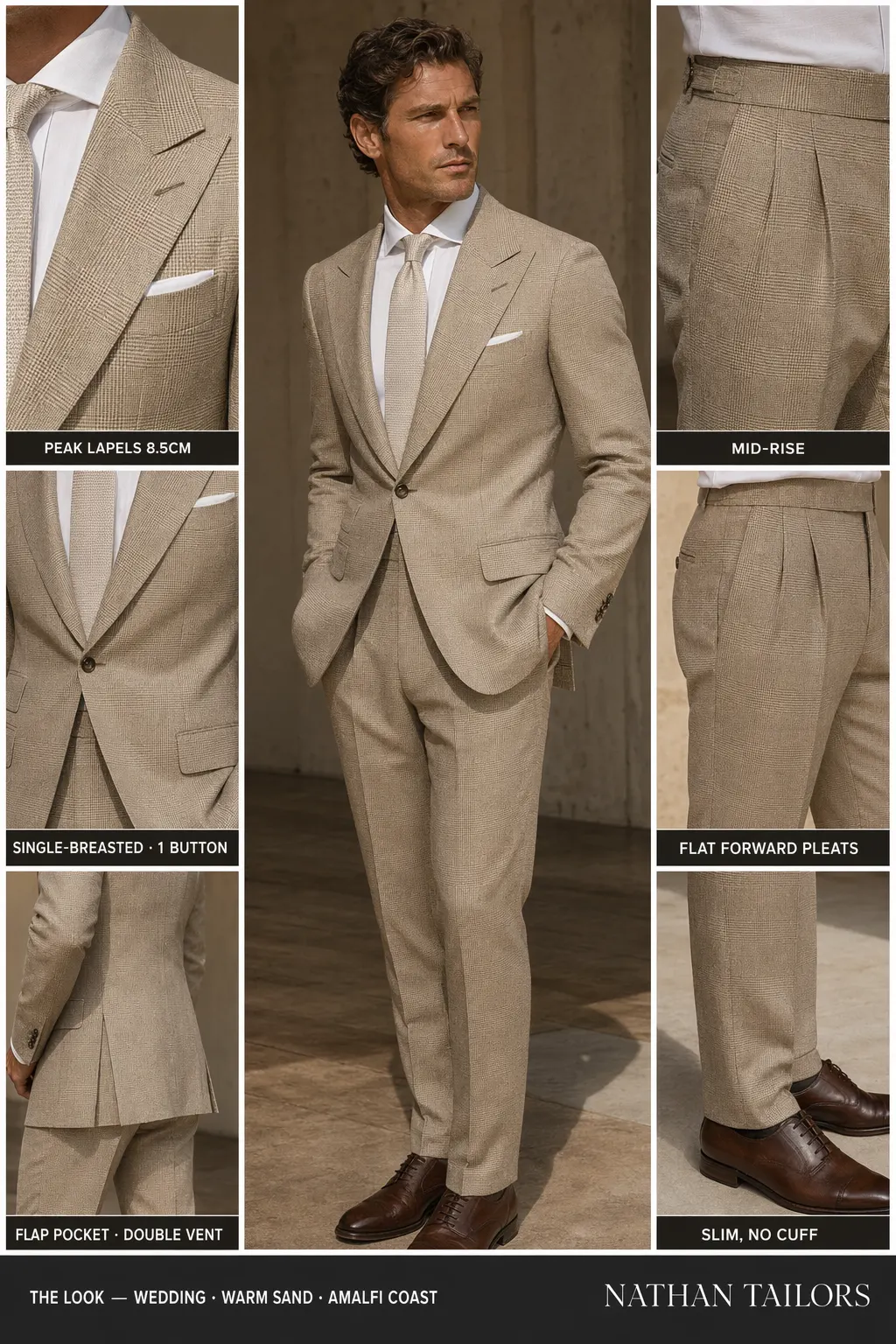 warm sand glen plaid single-breasted peak-lapel bespoke suit — AI-rendered by Nathan Tailors, the Hoi An custom tailor. Available as a custom tailored suit from $169.