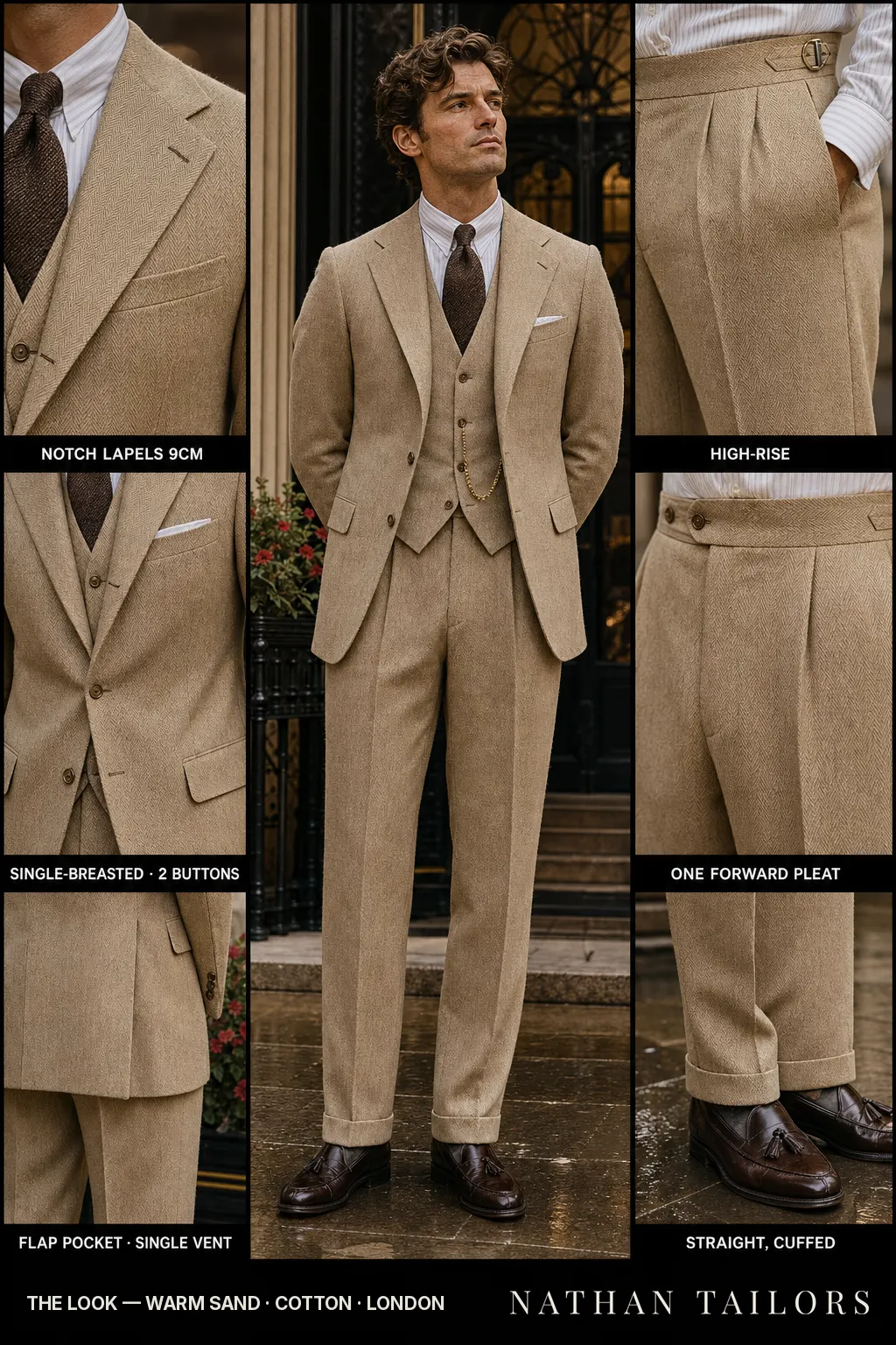 warm sand herringbone single-breasted notch-lapel bespoke suit — AI-rendered by Nathan Tailors, the Hoi An custom tailor. Available as a custom tailored suit from $149.
