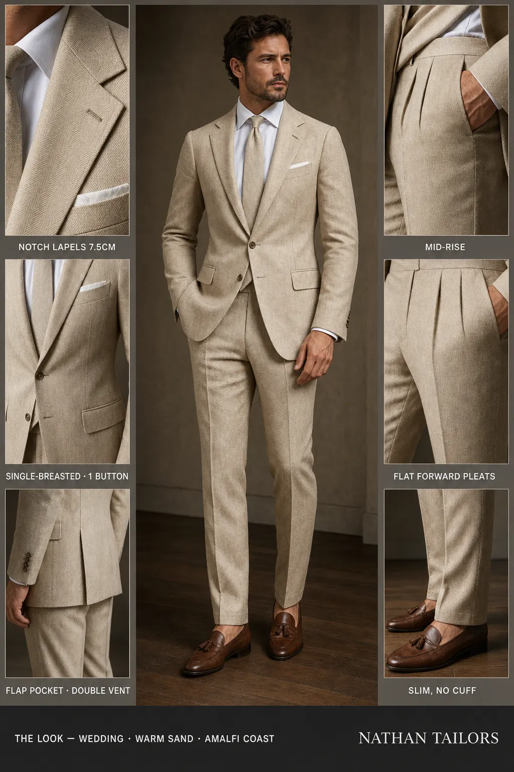 warm sand herringbone single-breasted notch-lapel bespoke suit โ AI-rendered by Nathan Tailors, the Hoi An custom tailor. Available as a custom tailored suit from $149.