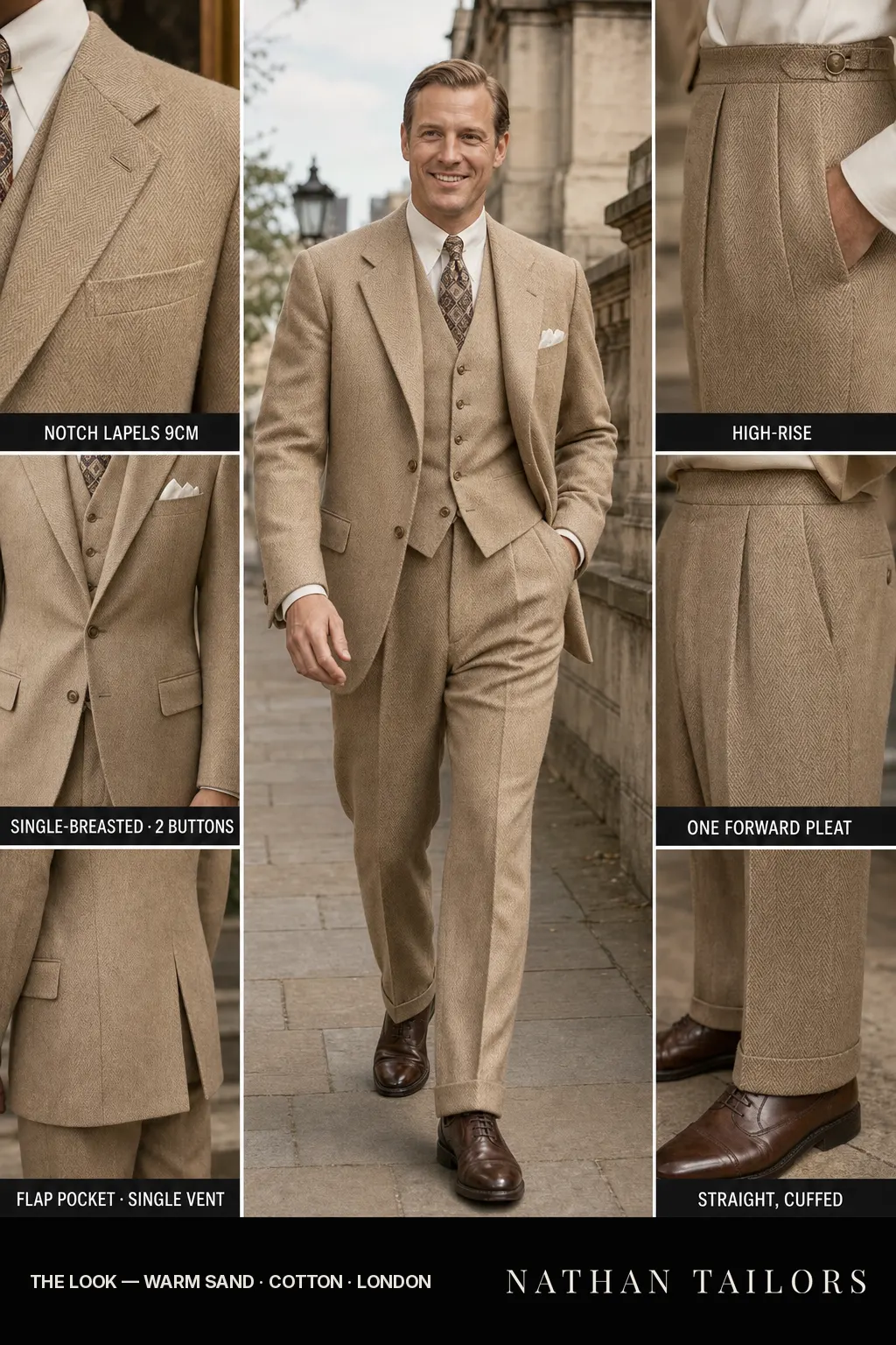 warm sand herringbone single-breasted notch-lapel bespoke suit — AI-rendered by Nathan Tailors, the Hoi An custom tailor. Available as a custom tailored suit from $149.