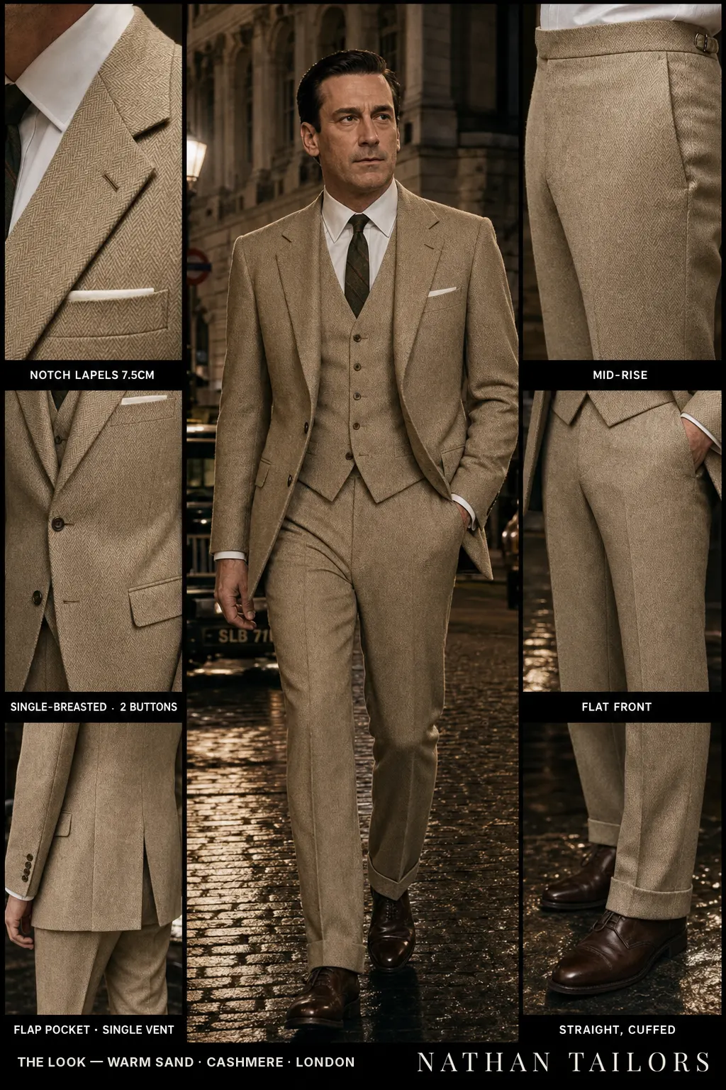 warm sand herringbone single-breasted bespoke suit — custom tailored by Nathan Tailors, the Hoi An custom tailor