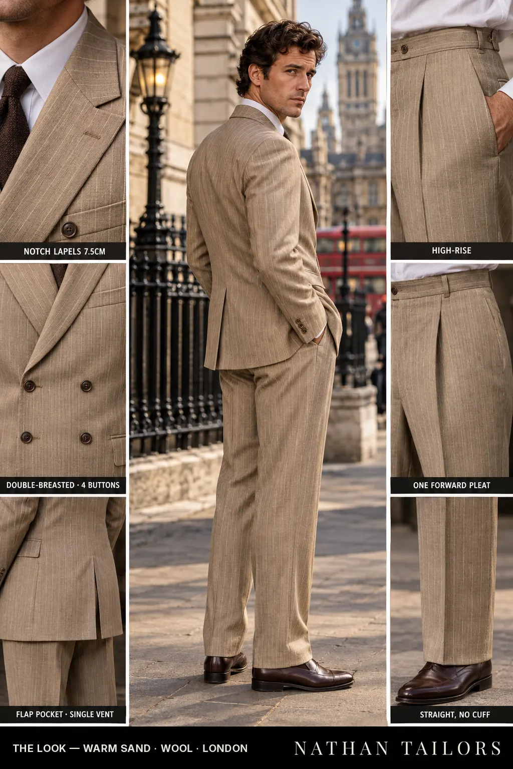 warm sand pinstripe double-breasted notch-lapel bespoke suit โ AI-rendered by Nathan Tailors, the Hoi An custom tailor. Available as a custom tailored suit from $169.