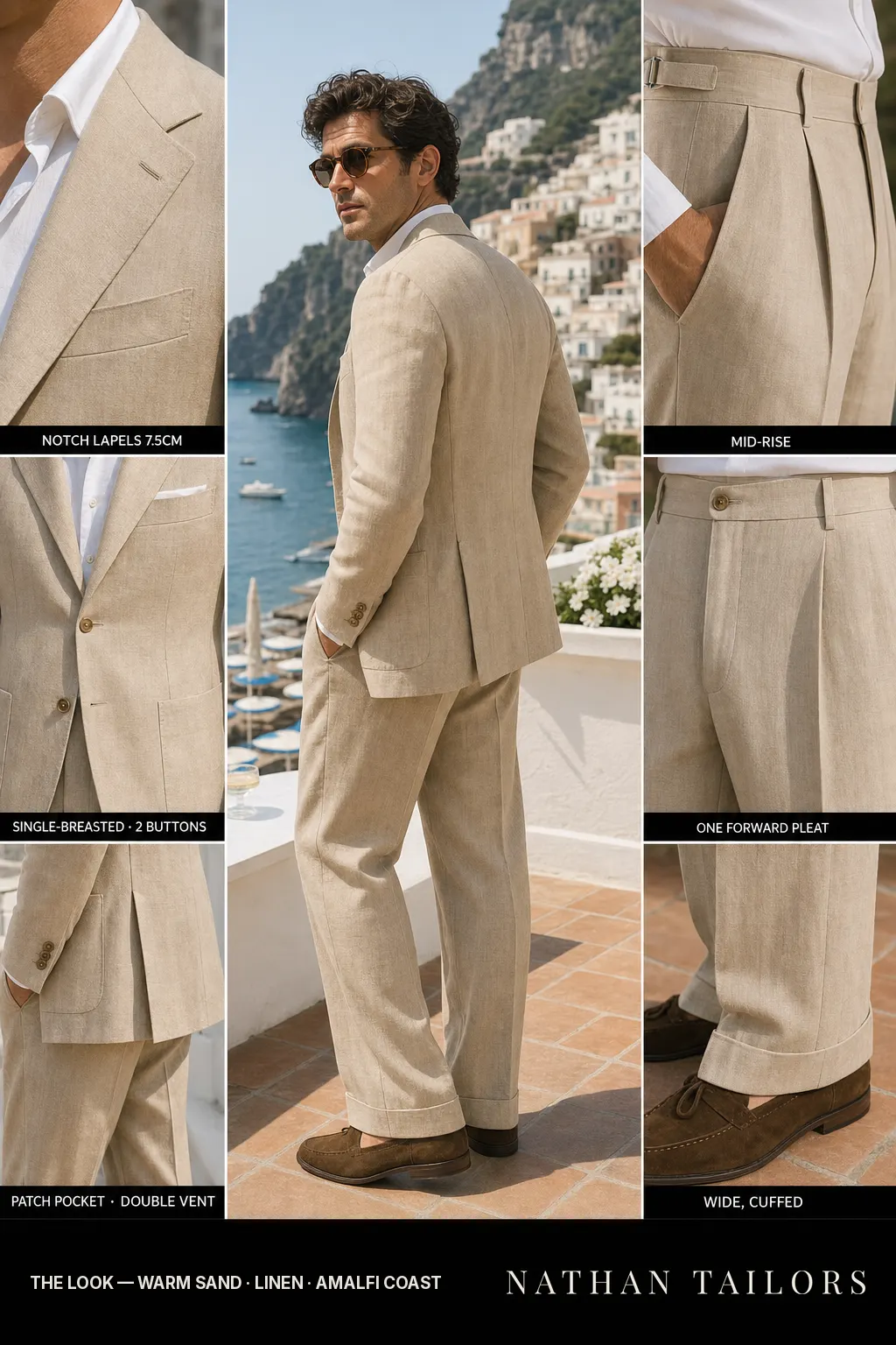warm sand single-breasted notch-lapel bespoke suit — AI-rendered by Nathan Tailors, the Hoi An custom tailor. Available as a custom tailored suit from $149.
