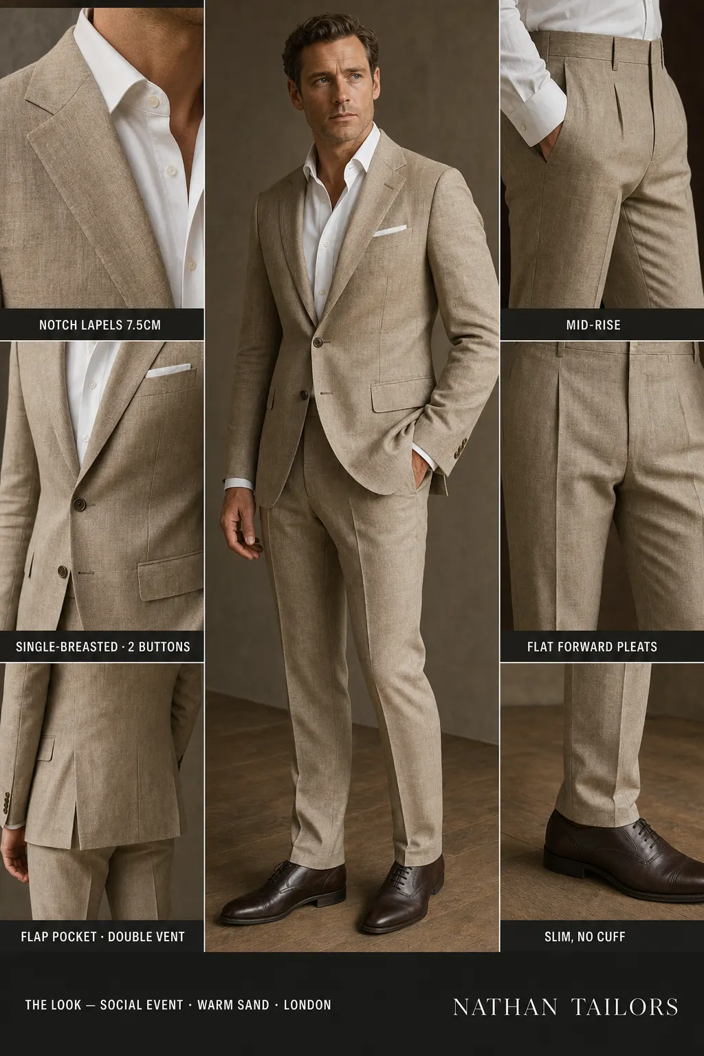 warm sand single-breasted notch-lapel bespoke suit โ AI-rendered by Nathan Tailors, the Hoi An custom tailor. Available as a custom tailored suit from $149.