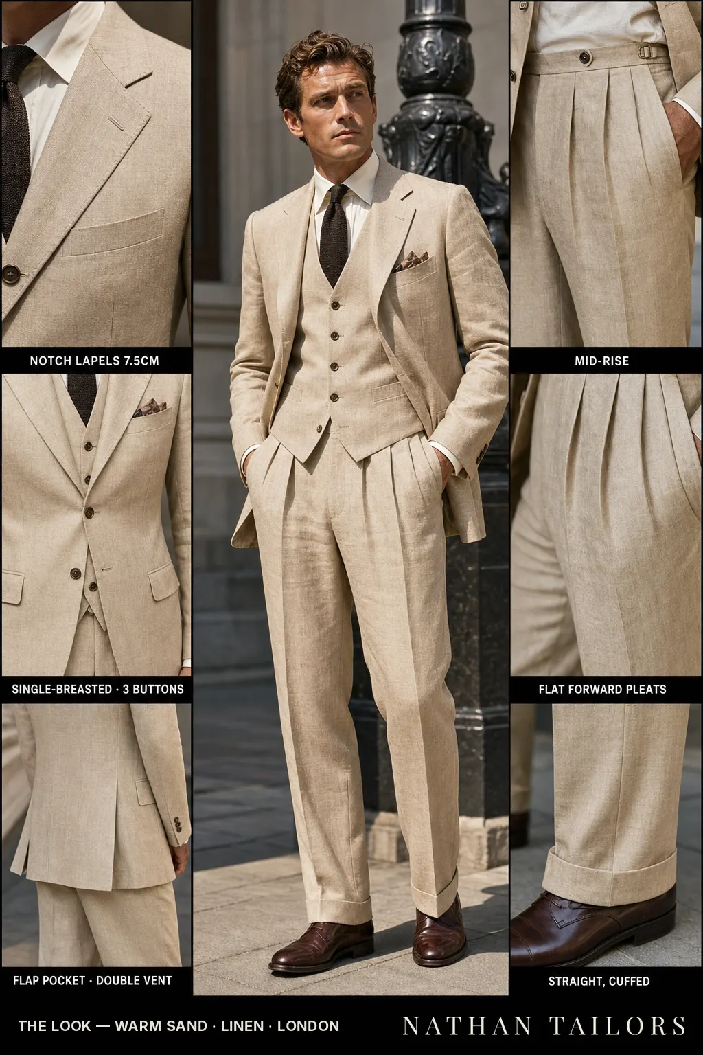 warm sand single-breasted notch-lapel bespoke suit — AI-rendered by Nathan Tailors, the Hoi An custom tailor. Available as a custom tailored suit from $149.