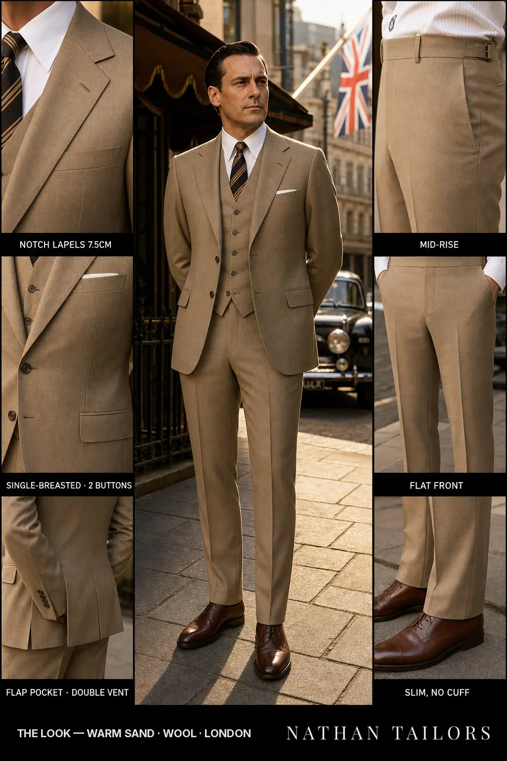warm sand single-breasted notch-lapel bespoke suit — AI-rendered by Nathan Tailors, the Hoi An custom tailor. Available as a custom tailored suit from $149.