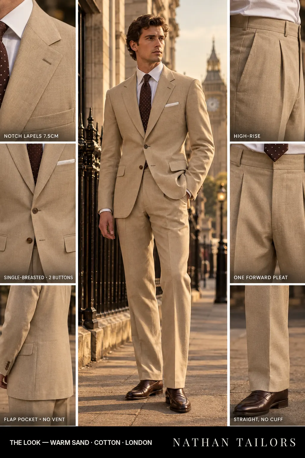 warm sand single-breasted bespoke suit — custom tailored by Nathan Tailors, the Hoi An custom tailor