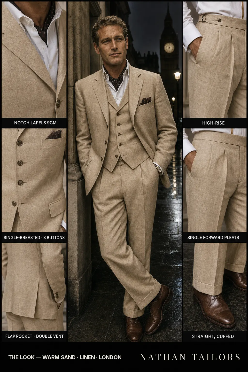 warm sand single-breasted notch-lapel bespoke suit — AI-rendered by Nathan Tailors, the Hoi An custom tailor. Available as a custom tailored suit from $149.
