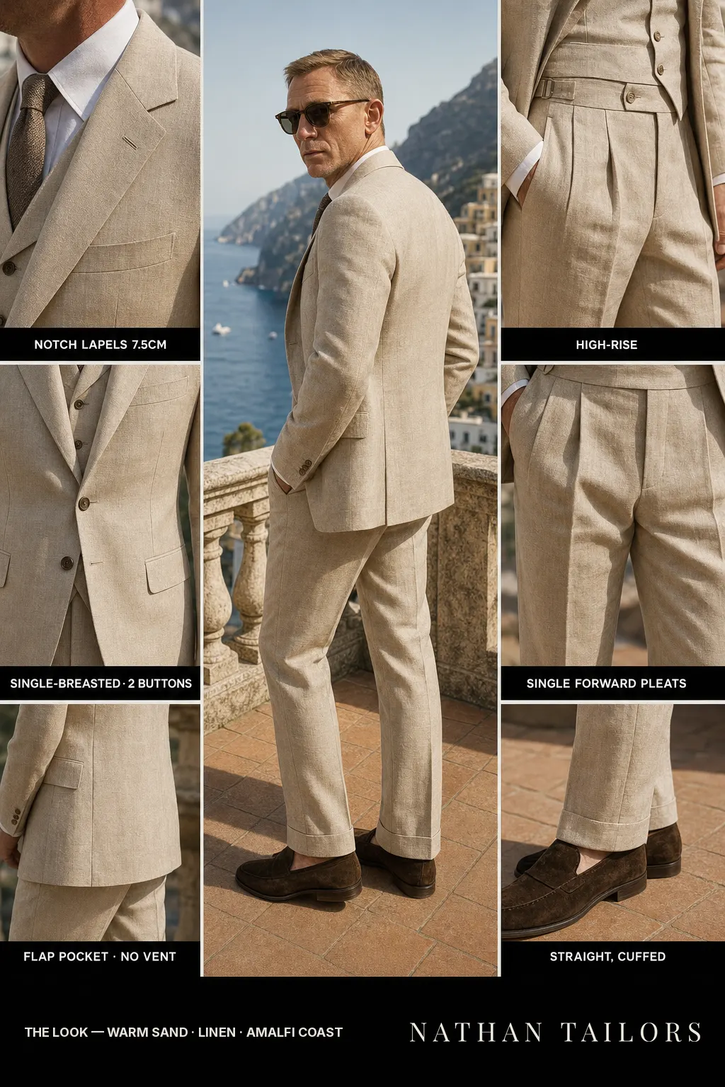 warm sand single-breasted notch-lapel bespoke suit — AI-rendered by Nathan Tailors, the Hoi An custom tailor. Available as a custom tailored suit from $149.