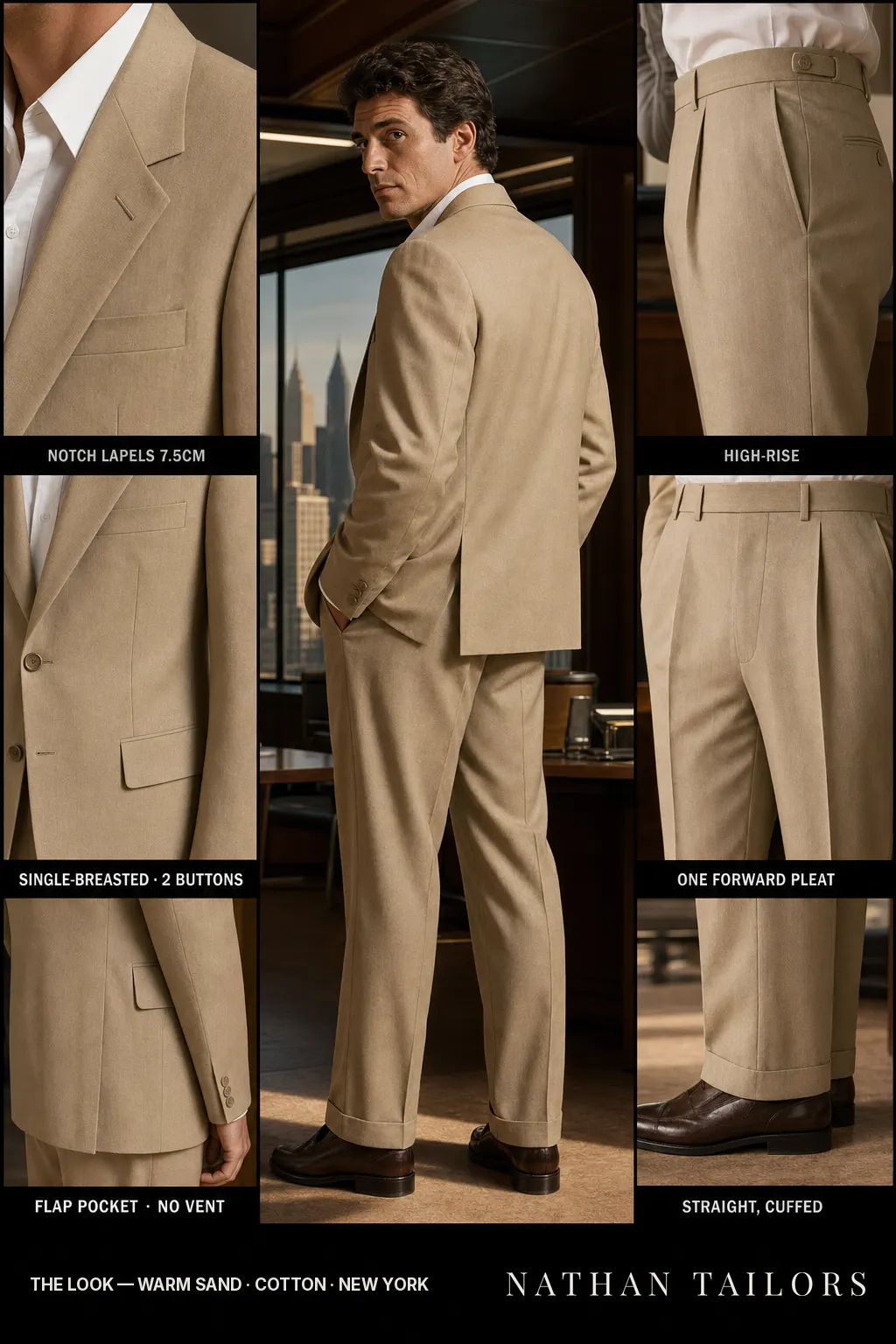 warm sand single-breasted bespoke suit — custom tailored by Nathan Tailors, the Hoi An custom tailor