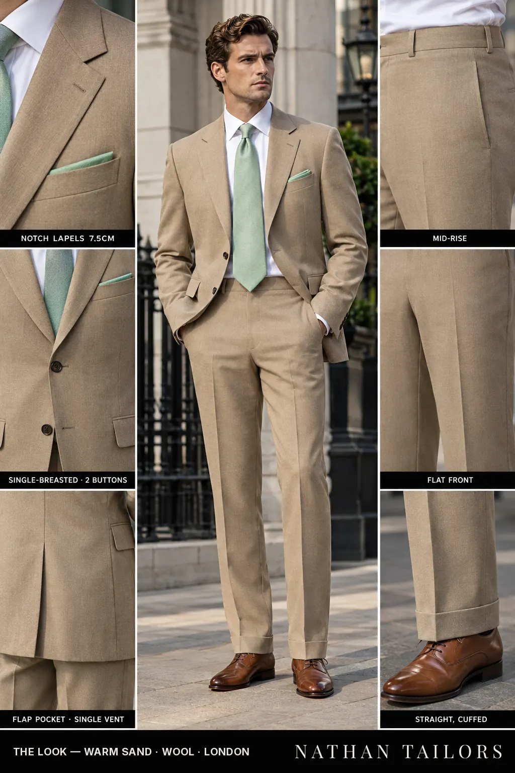 warm sand single-breasted bespoke suit โ custom tailored by Nathan Tailors, the Hoi An custom tailor