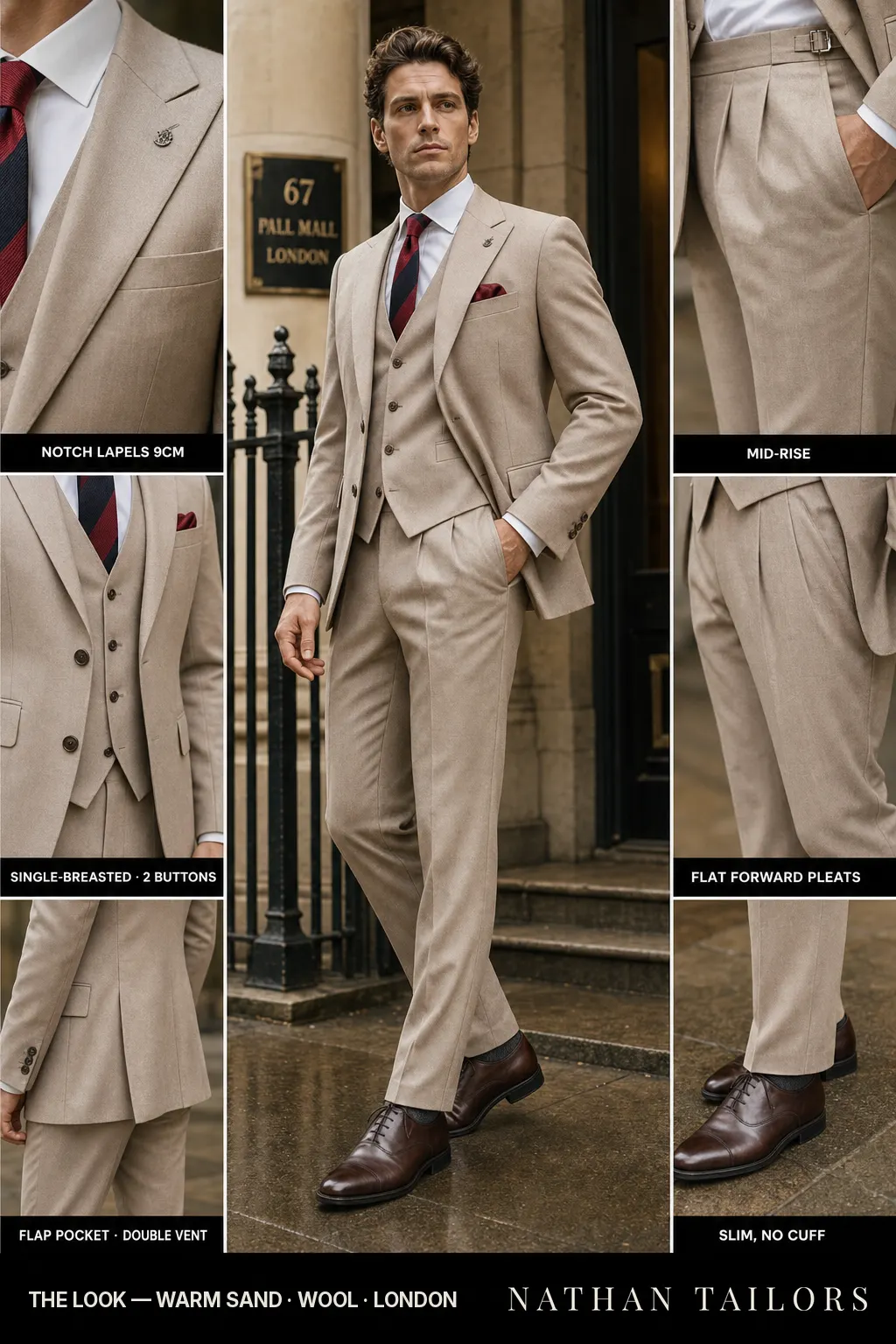 warm sand single-breasted notch-lapel bespoke suit — AI-rendered by Nathan Tailors, the Hoi An custom tailor. Available as a custom tailored suit from $149.