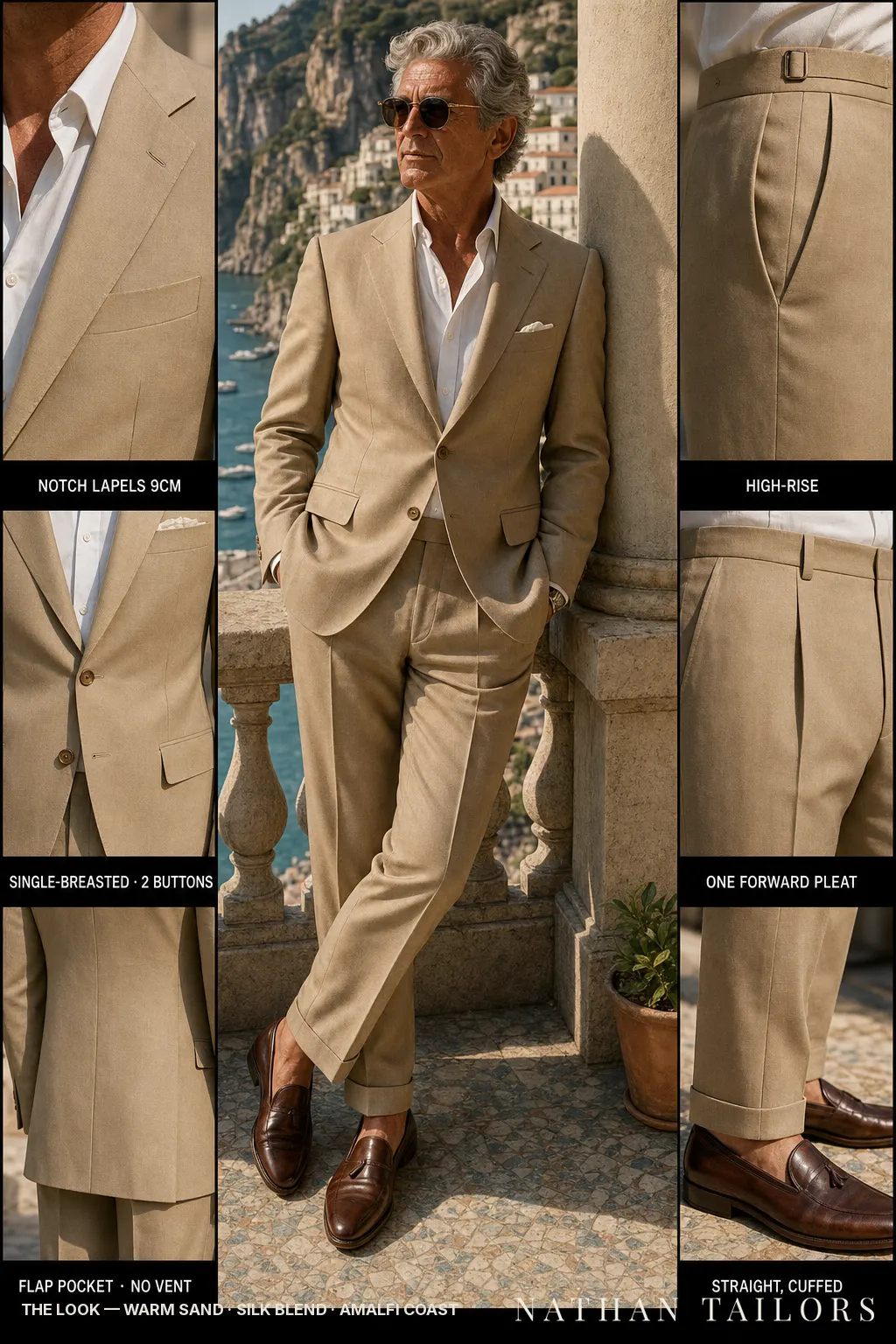 warm sand single-breasted notch-lapel bespoke suit โ AI-rendered by Nathan Tailors, the Hoi An custom tailor. Available as a custom tailored suit from $149.