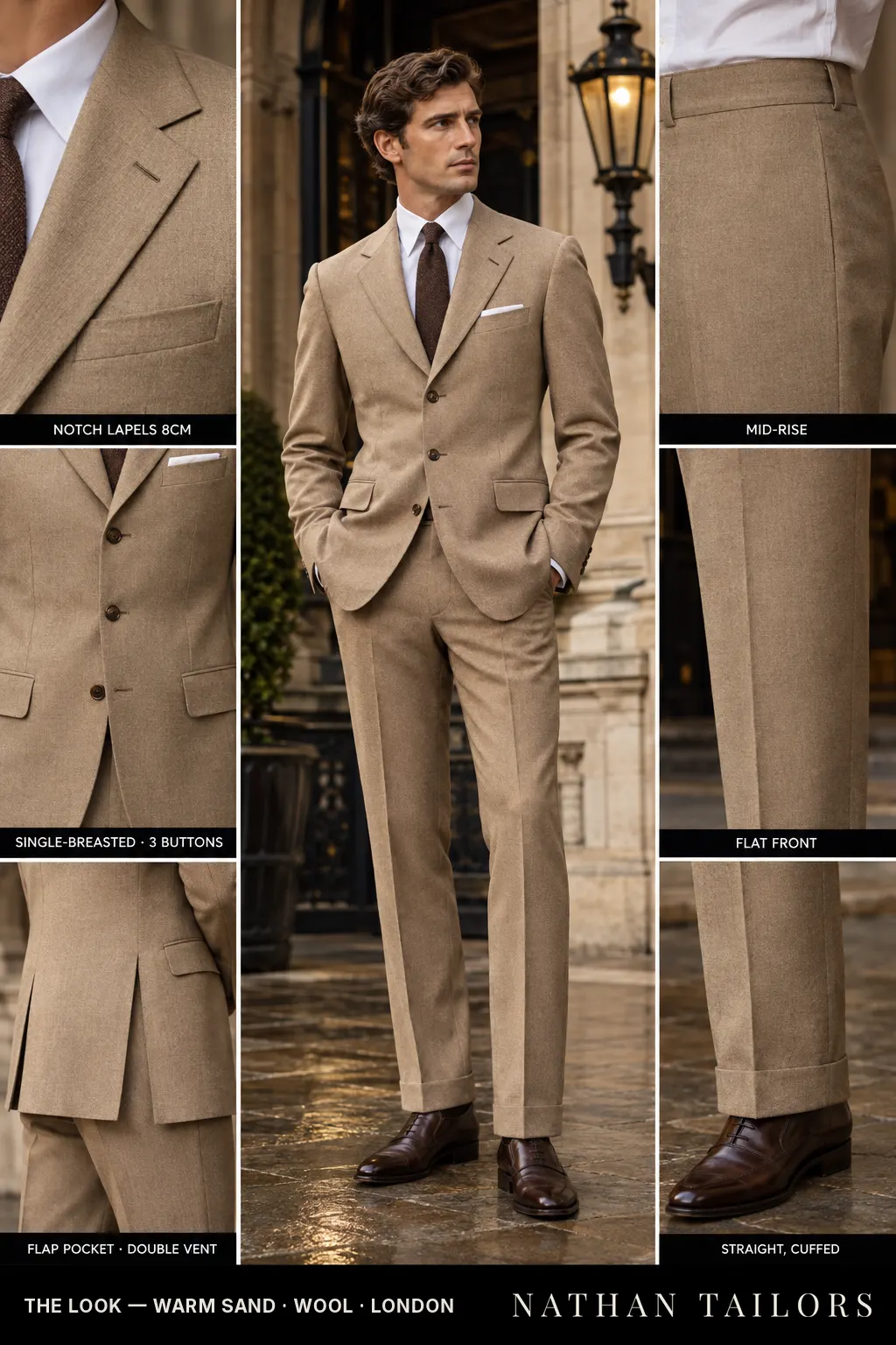 warm sand single-breasted bespoke suit โ custom tailored by Nathan Tailors, the Hoi An custom tailor